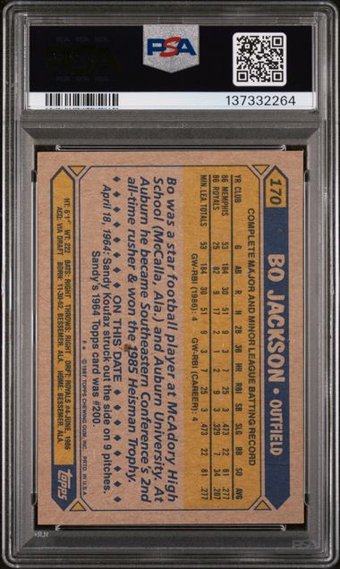 1987 TOPPS #170 BO JACKSON FUTURE STARS - Baseball PSA 8 NM MT - Image 2