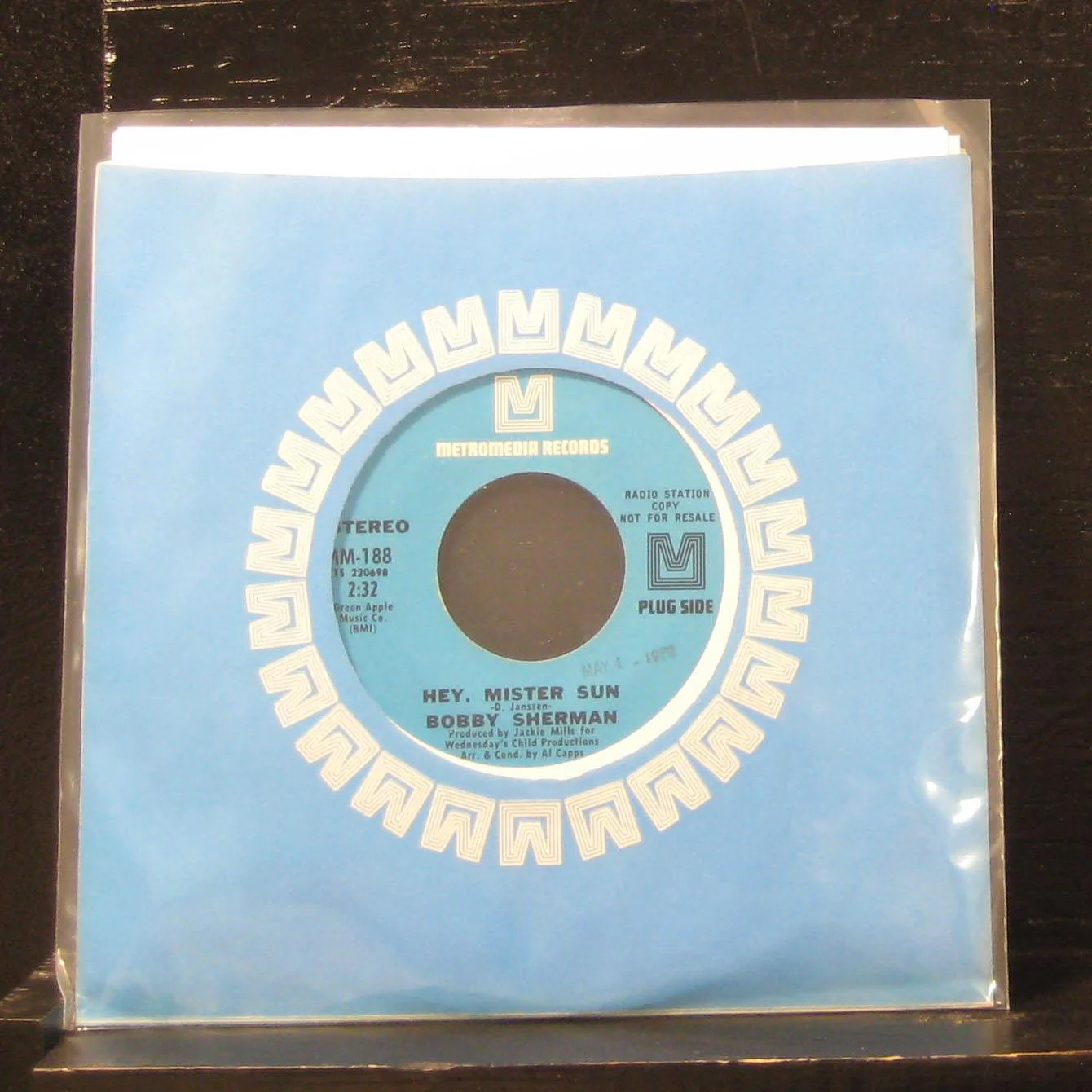 Bobby Sherman - Hey, Mister Sun / Two Blind Minds 7" Mint- MM-188 Vinyl 45 Promo - Image 2