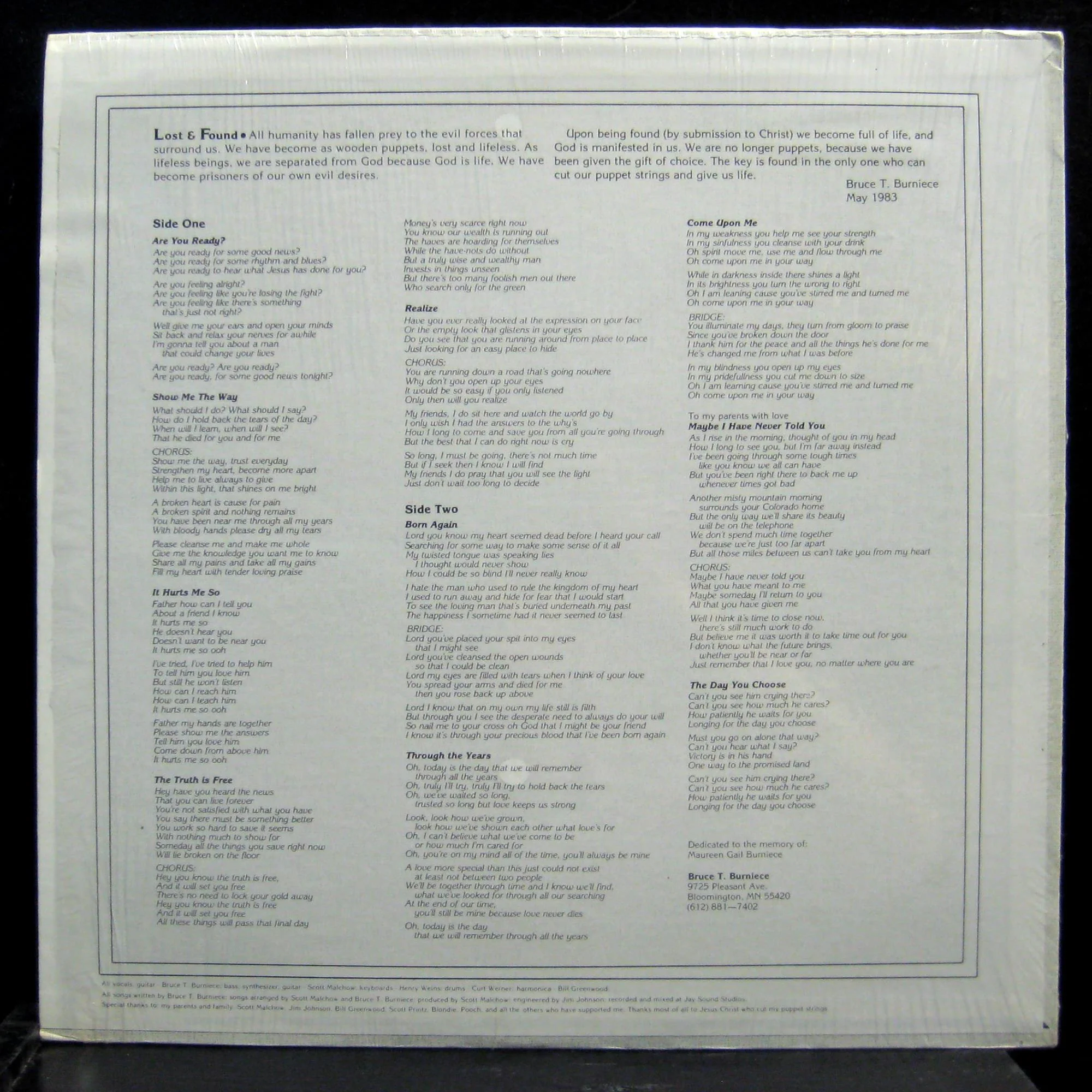Bruce T Burniece - Lost & Found LP Mint- E 1047 Private Minnesota Folk - Image 2