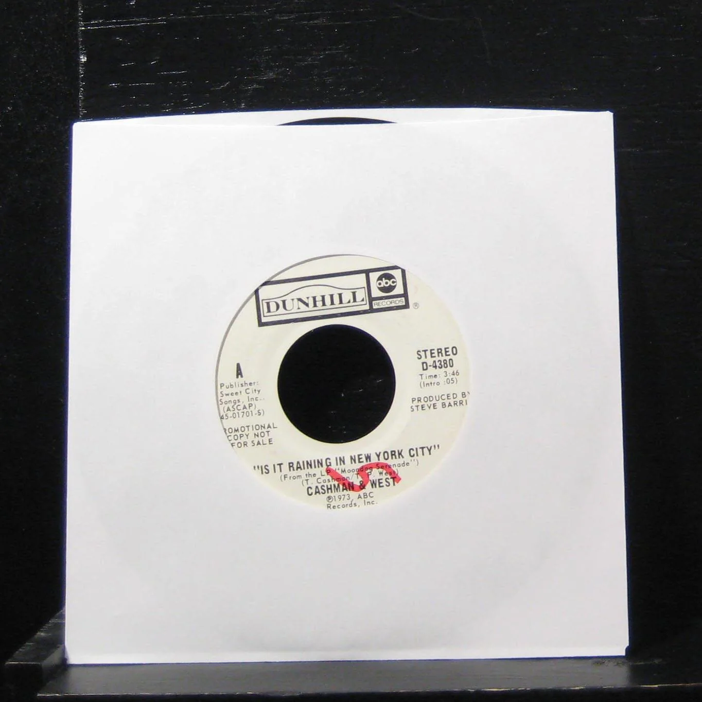Cashman & West - Is It Raining In New York City 7" VG+ D-4380 Vinyl 45 Promo - Image 2