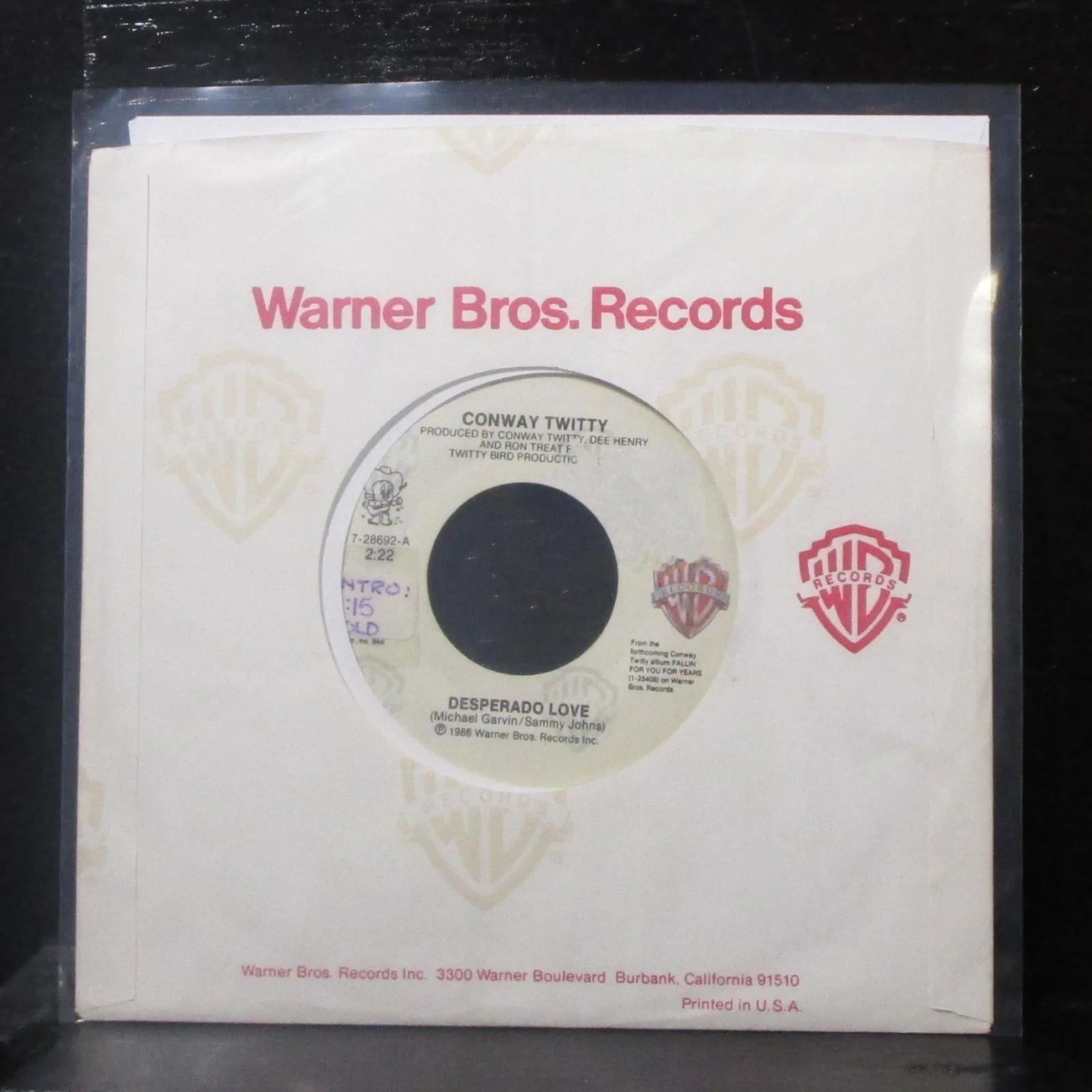 Conway Twitty - Desperado Love 7" VG+ Vinyl 45 WB 7-28692 USA 1986