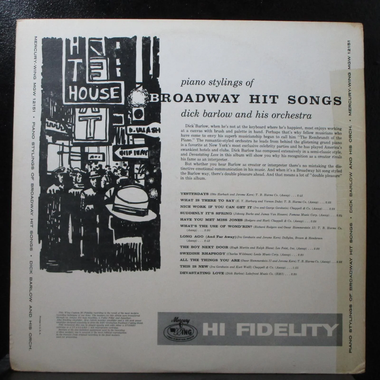 Dick Barlow - Piano Stylings Of Broadway Hit Songs VG+ Mono LP Wing MGW-12151 - Image 2