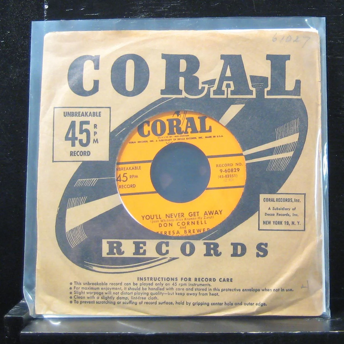 Don Cornell and Teresa Brewer - You'll Never Get Away 7" Mint- 9-60829 Vinyl 45