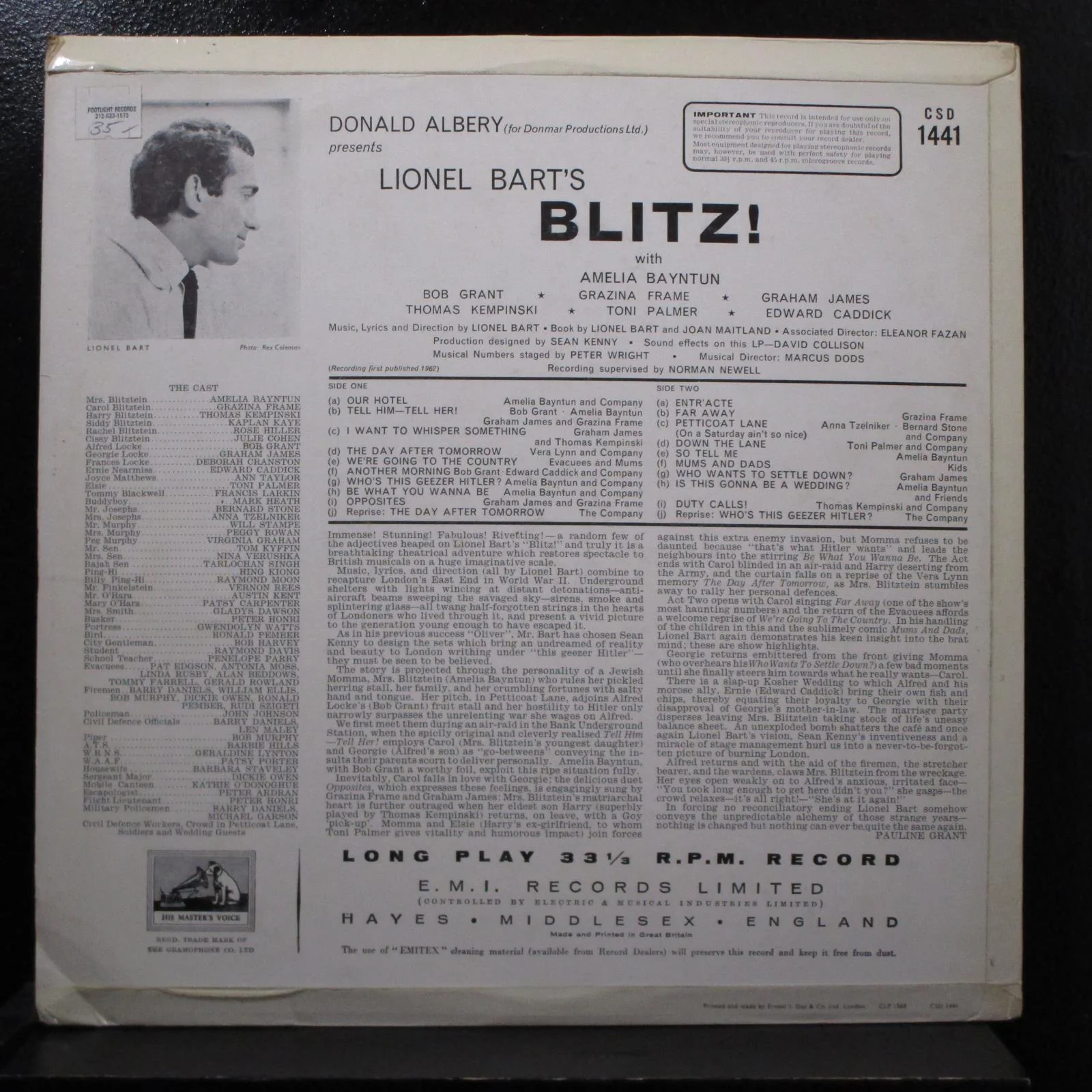 Donald Albery - Lionel Bart: Blitz! Original Cast LP Mint- CSD 1441 UK w/Booklet - Image 2