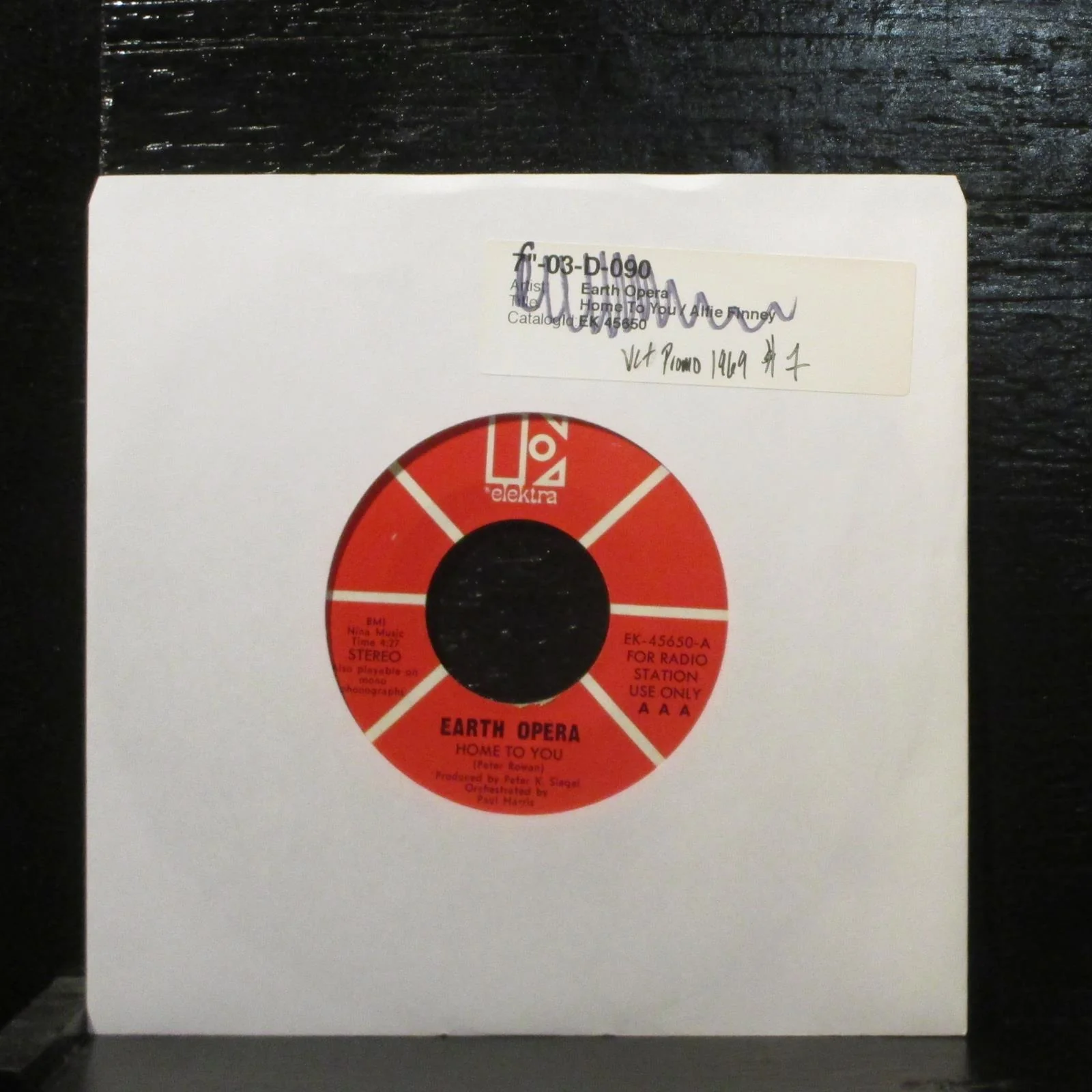 Earth Opera  Home To You VG+ Promo 7" Vinyl 45 Elektra EK-45650 Psych 1969