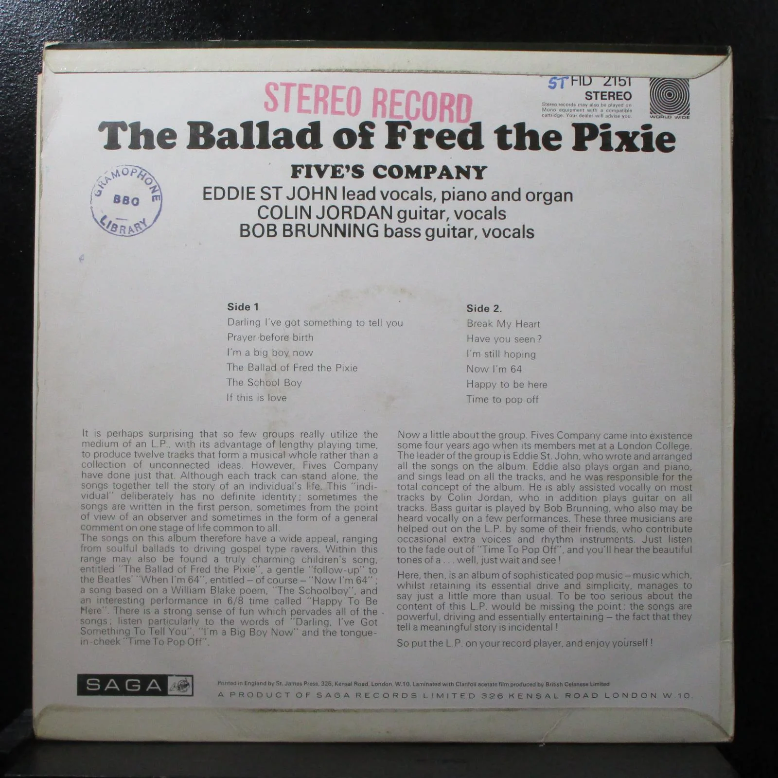 Five's Company - The Ballad Of Fred The Pixie VG+ LP Saga FID 2151 UK 1969 - Image 2