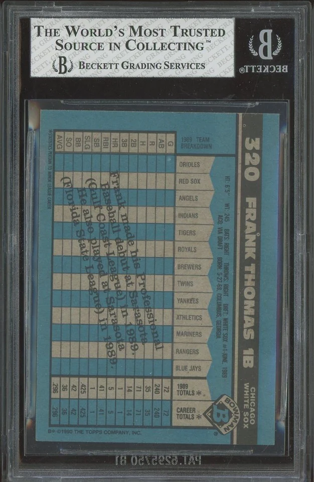 Frank Thomas 1990 Bowman #320 Chicago White Sox RC Rookie Beckett BGS BAS 0007770604 - Image 2