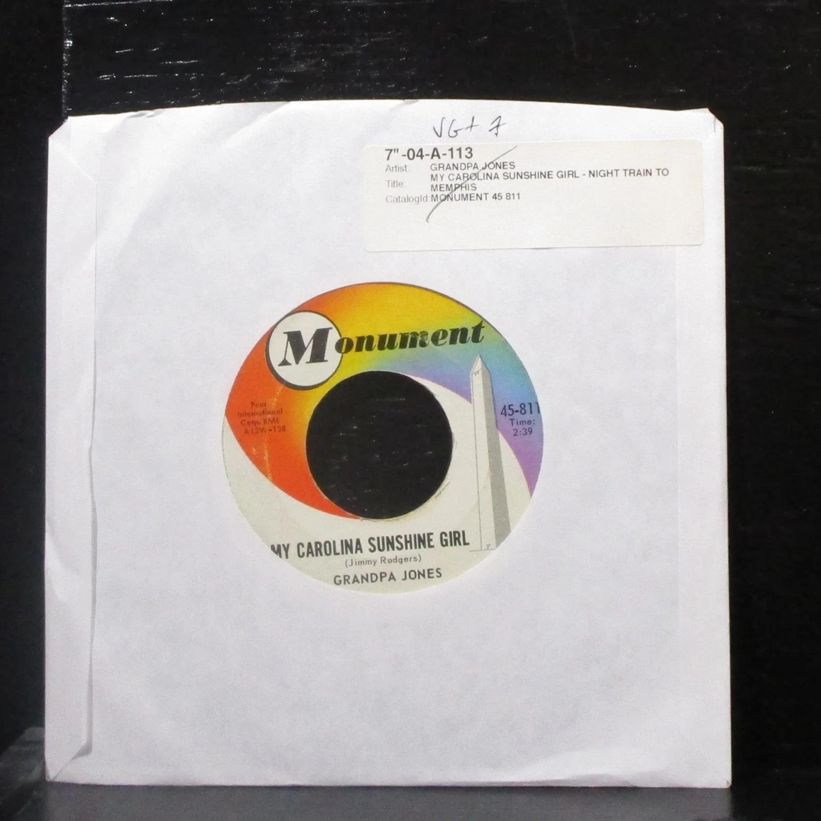 Grandpa Jones - My Carolina Sunshine Girl 7" VG+ Vinyl 45 Monument 45-811 USA