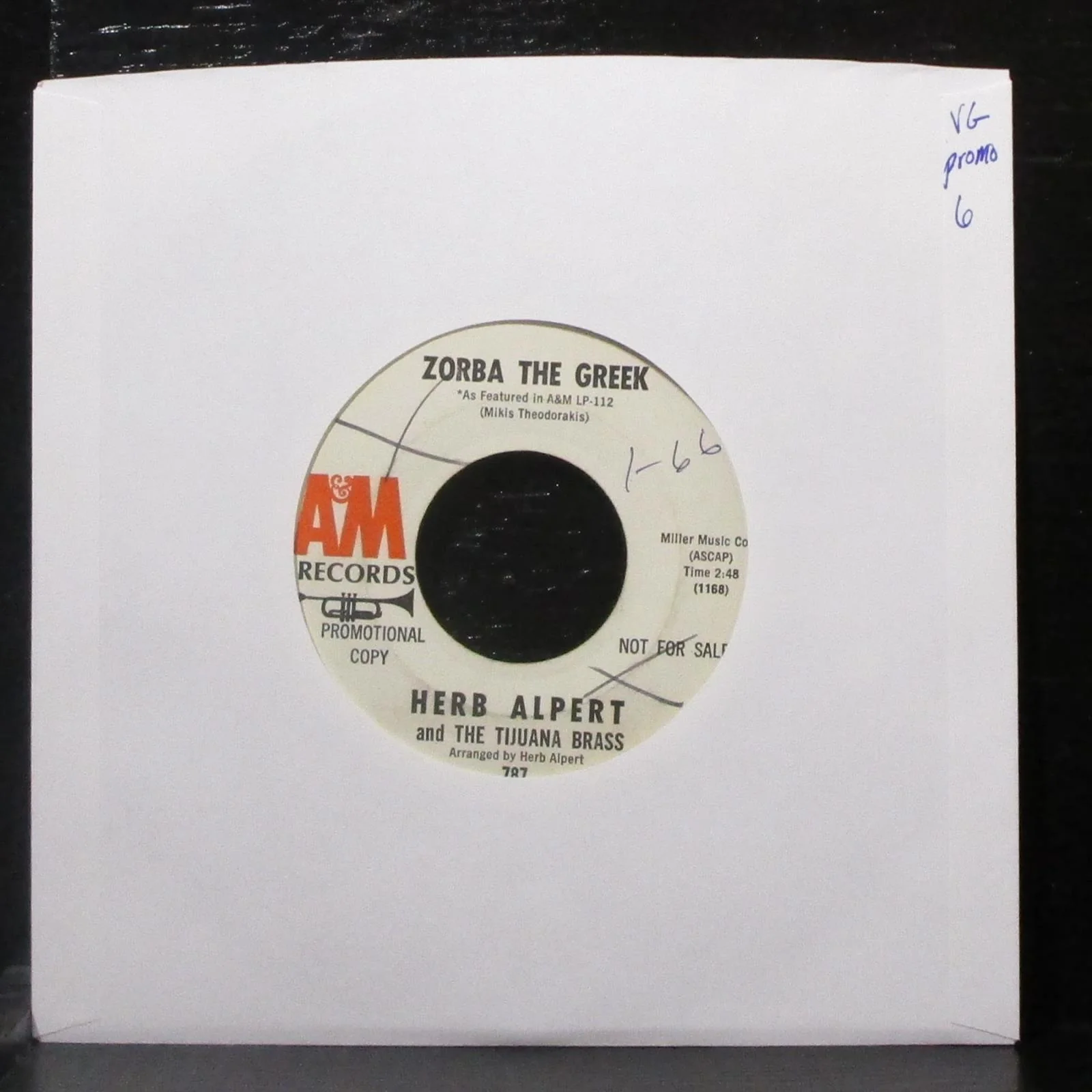 Herb Alpert - Zorba The Greek / Tijuana Taxi 7" VG Promo Vinyl 45 A&M 787 USA