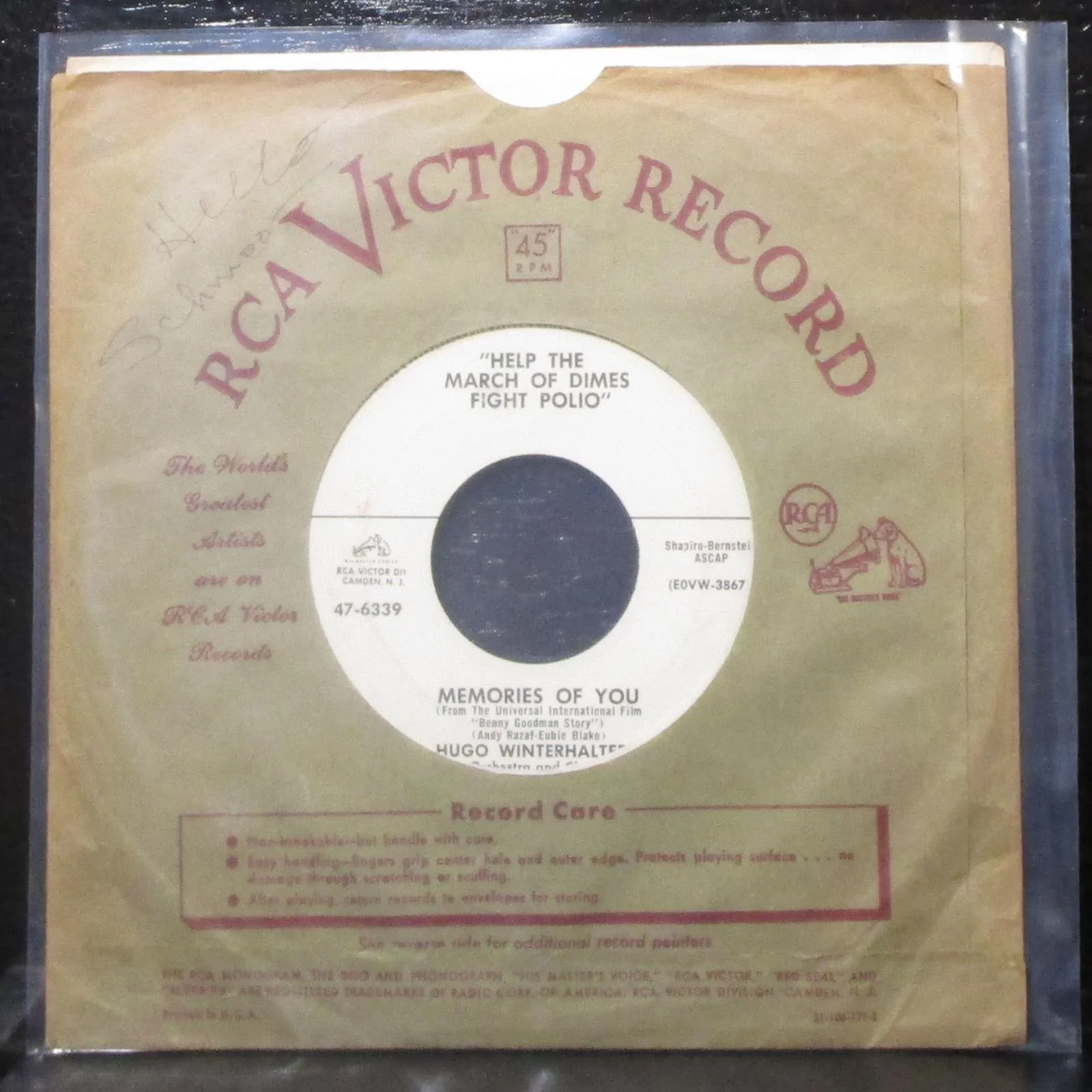 Hugo Winterhalter - Memories Of You / Autumn Rhapsody 7" VG+ Promo 45 Canada