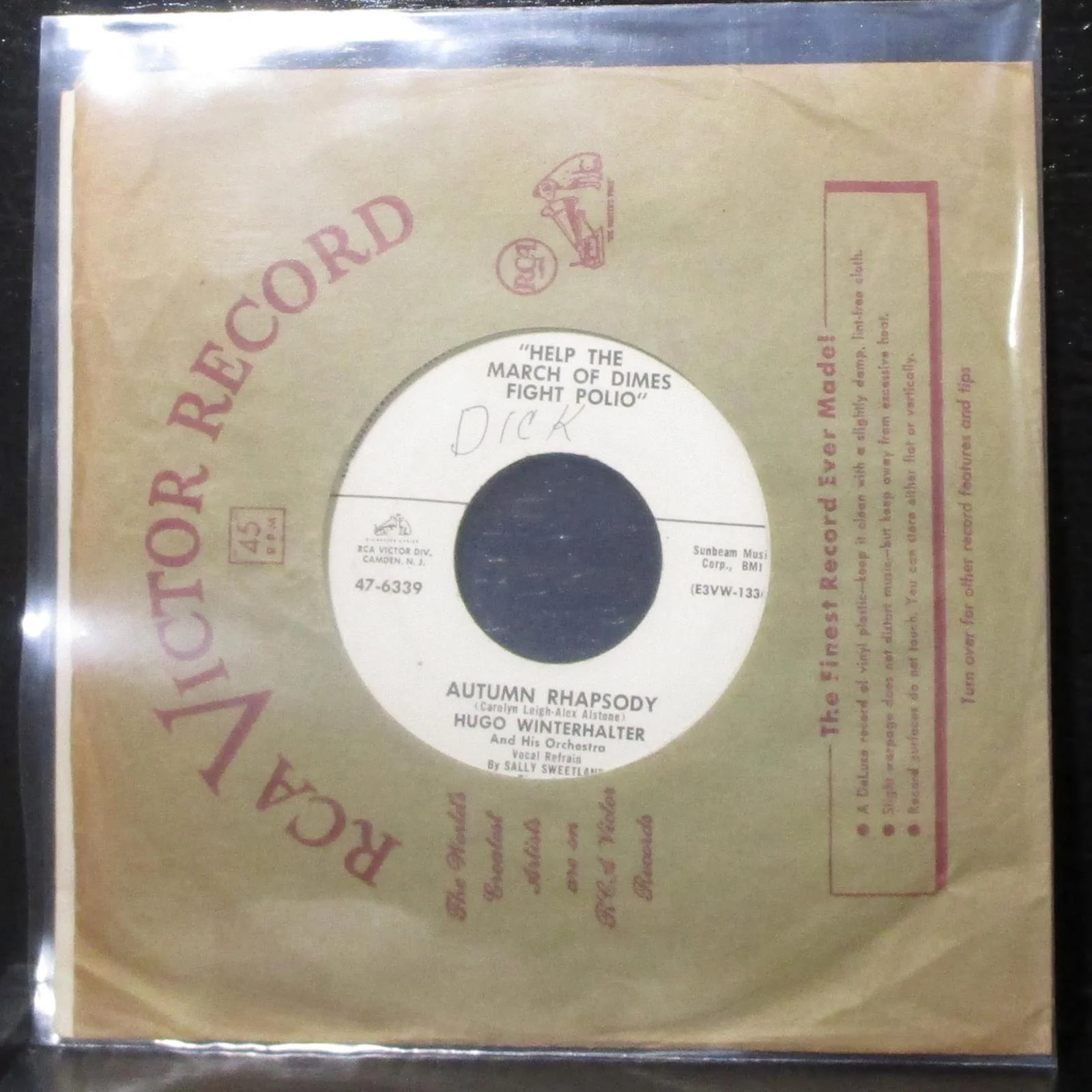 Hugo Winterhalter - Memories Of You / Autumn Rhapsody 7" VG+ Promo 45 Canada - Image 2
