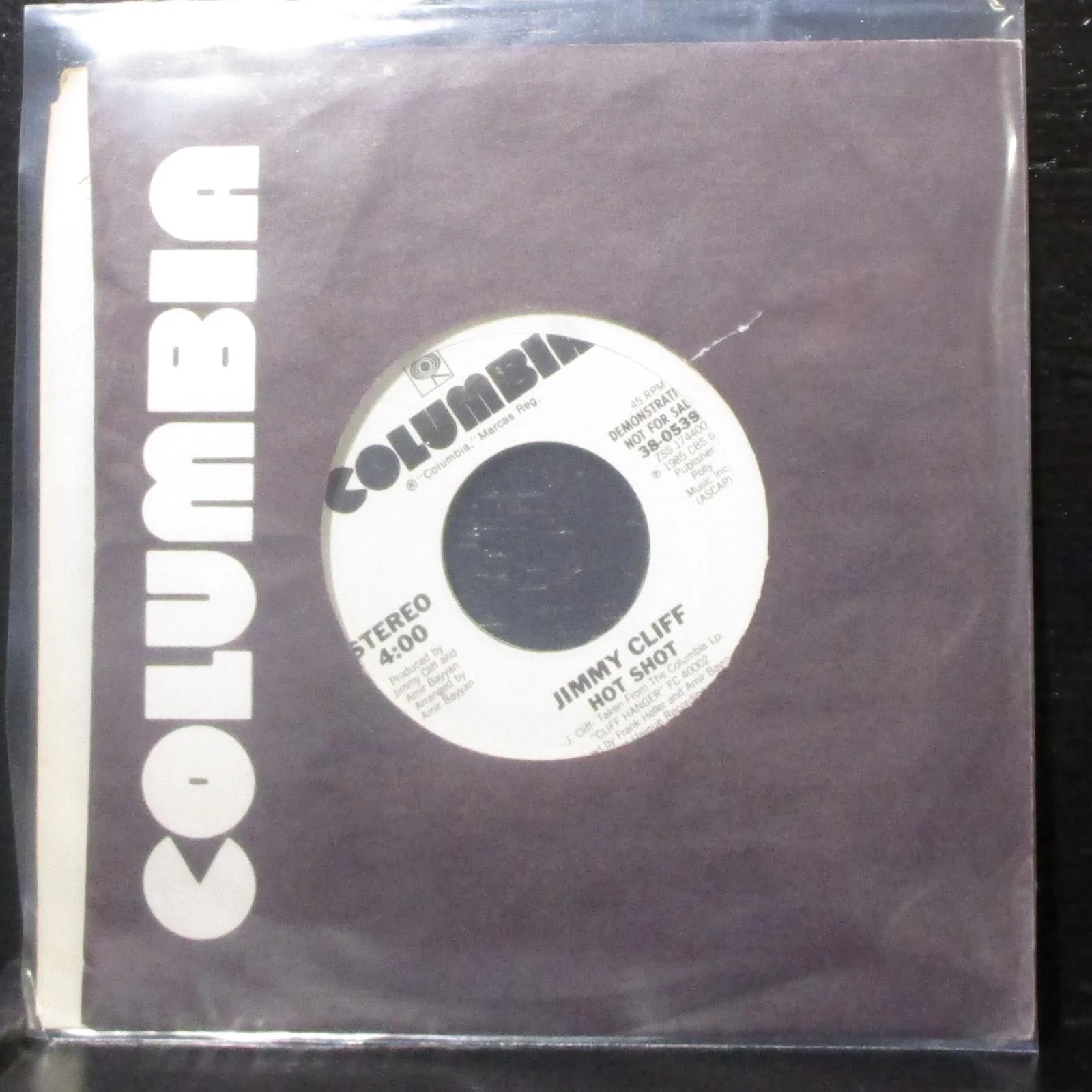 Jimmy Cliff - Hot Shot 7" VG+ Promo Vinyl 45 Columbia 38-05396 USA 1985 - Image 2