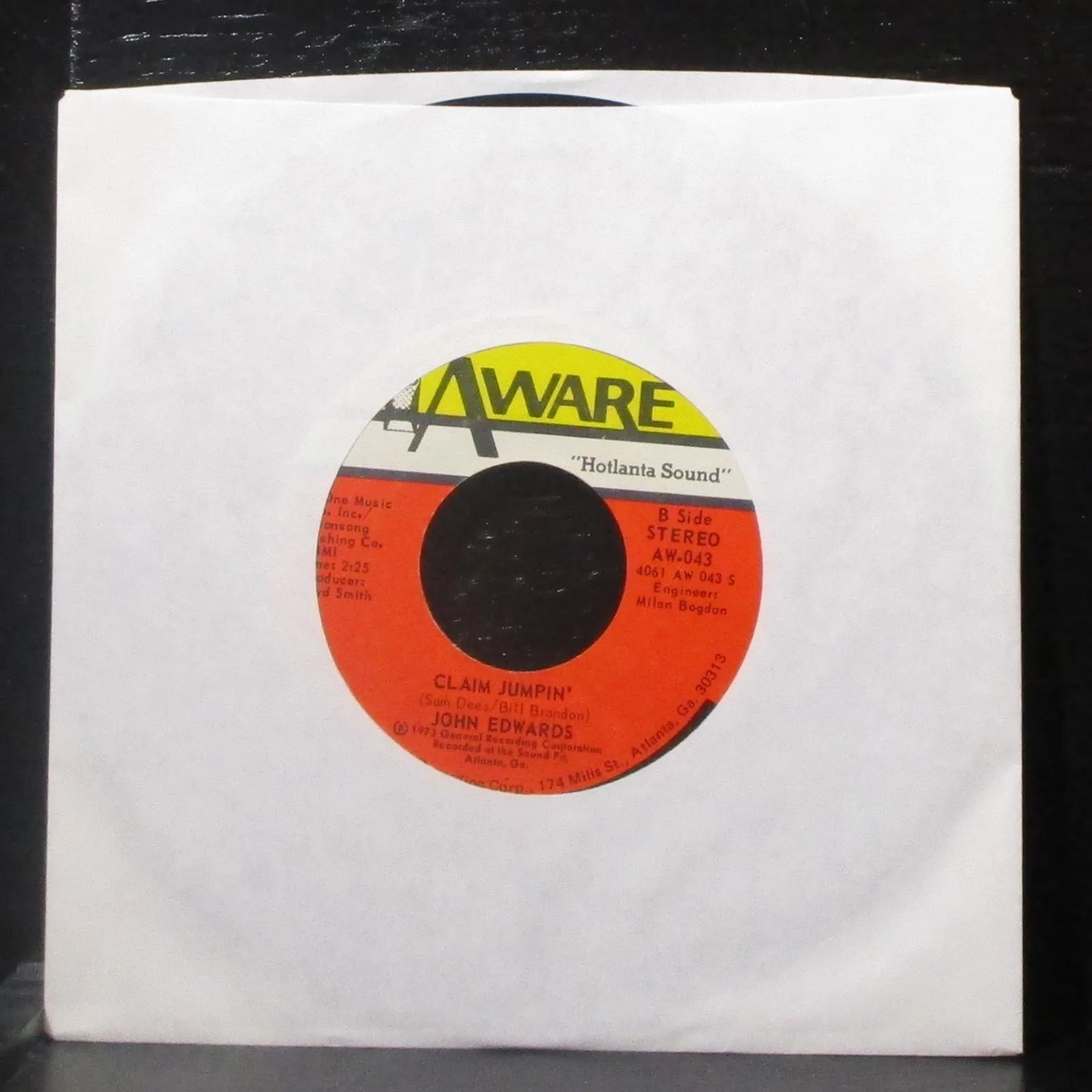 John Edwards - Careful Man / Claim Jumpin' 7" Mint- Vinyl 45 Aware AW-043 USA - Image 2