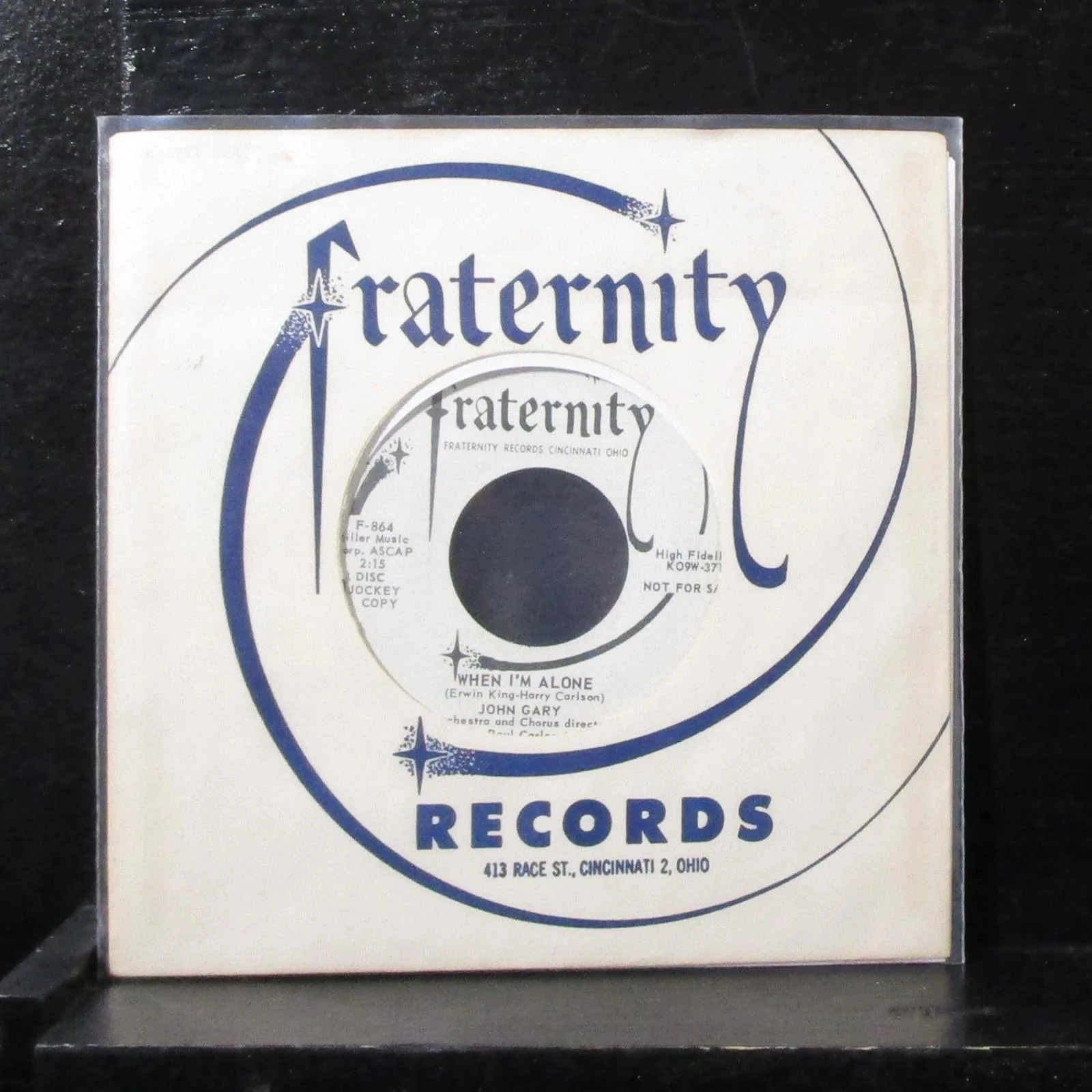 John Gary - When I'm Alone 7" VG+ Promo Vinyl 45 F-864 USA 1959