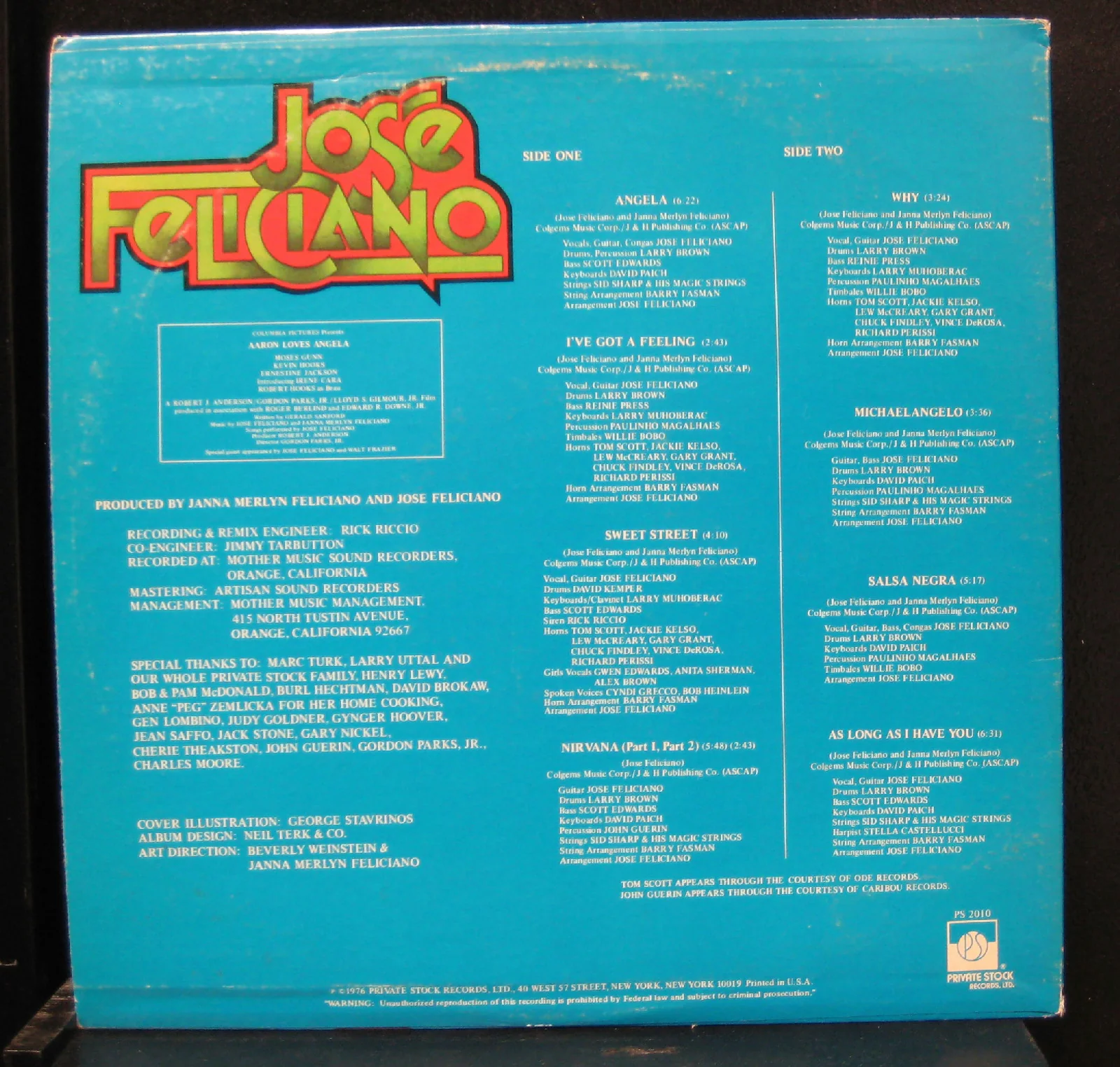 Jos Feliciano - Angela - New LP Record 1976 Private Stock USA Original Vinyl - Pop Rock - Image 2