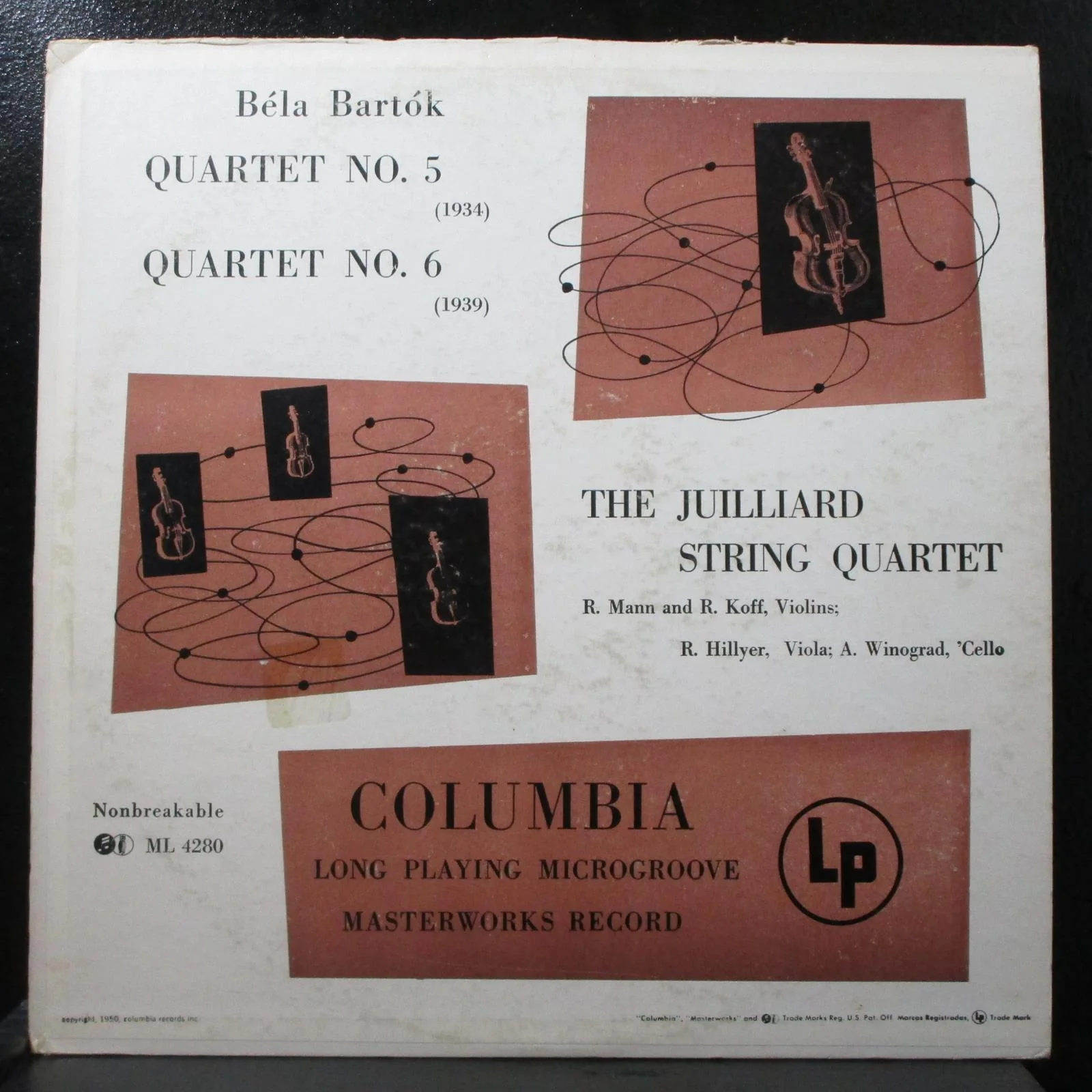 Juliard String Quartet - Bartk Quartet 5, 6 VG+ Mono LP Columbia ML 54280 USA