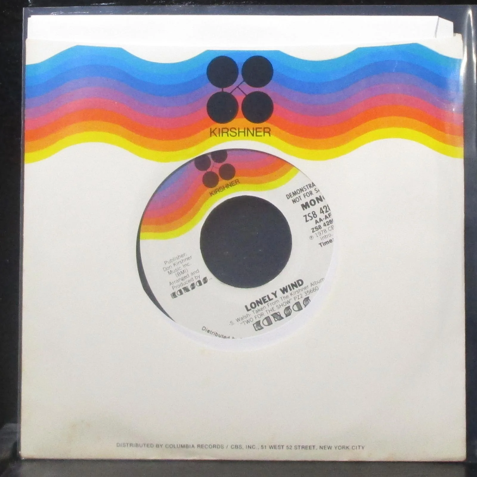 Kansas - Lonely Wind 7" Mint- Promo Vinyl 45 Kirshner ZS8 4280 USA 1978 - Image 2