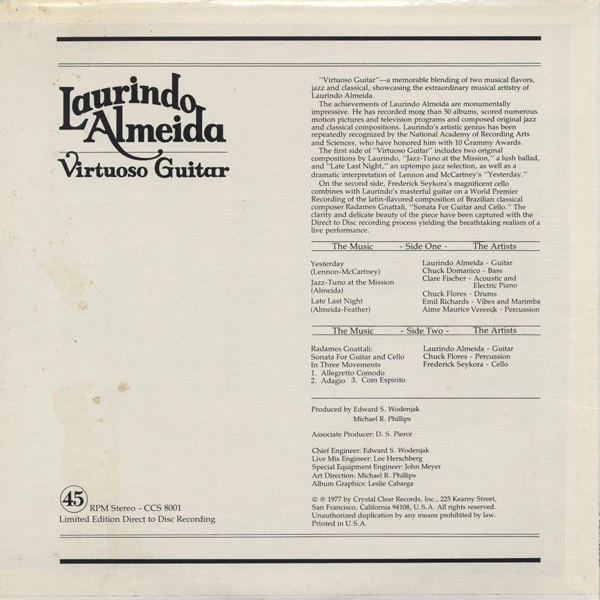 Laurindo Almeida - Virtuoso Guitar - VG+ LP Record 1977 Crystal Clear Direct To Disc White Vinyl Audiophile - Bossa Nova / Latin Jazz - Image 2