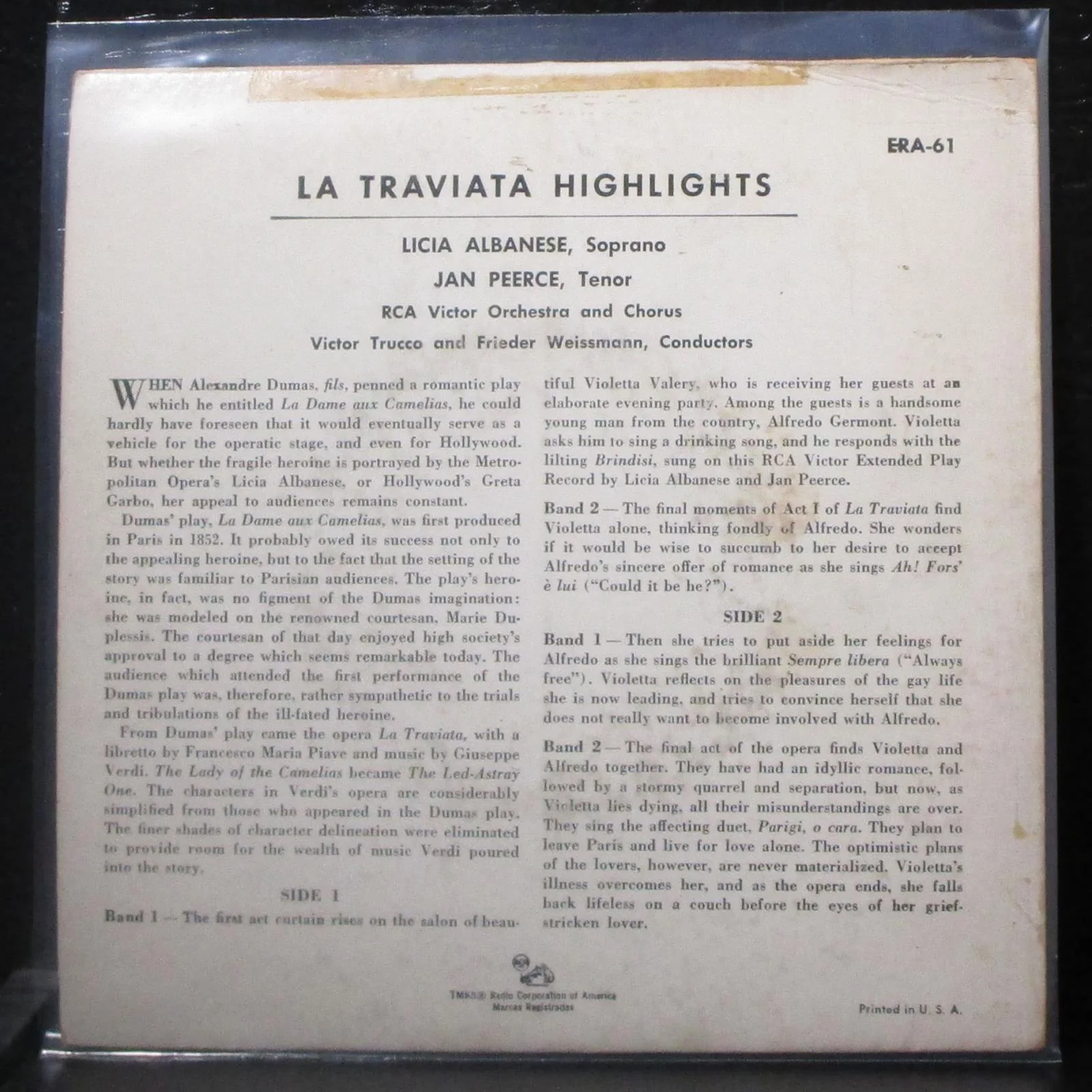 Licia Albanese, Jan Peerce - Verdi: Traviata Highlights EP 7" VG+ Vinyl 45 RCA - Image 2