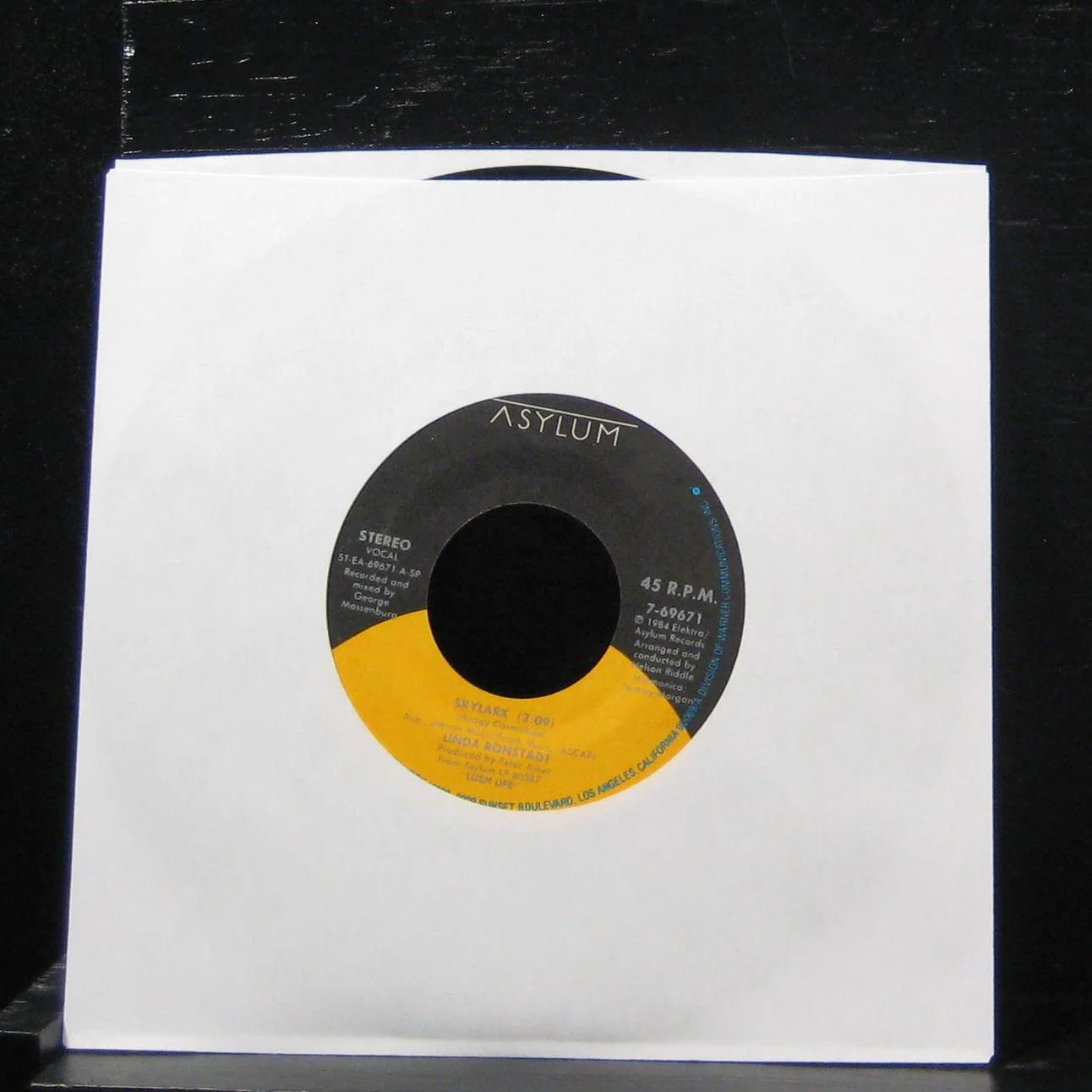 Linda Ronstadt - Skylark / Lush Life 7" Mint- 7-69671 Vinyl 45 Asylum - Image 2