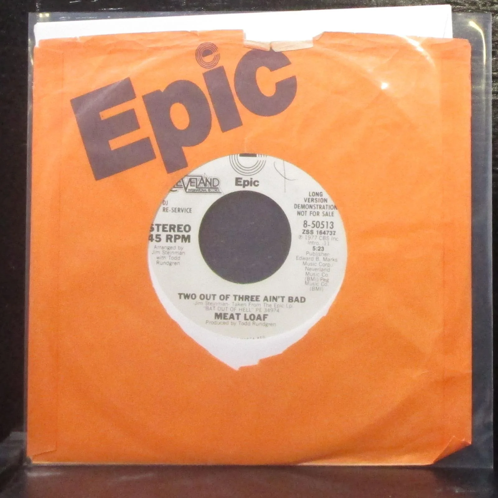 Meat Loaf - Two Out Of Three Ain't Bad 7" VG+ Promo Vinyl 45 Epic 8-50513 USA