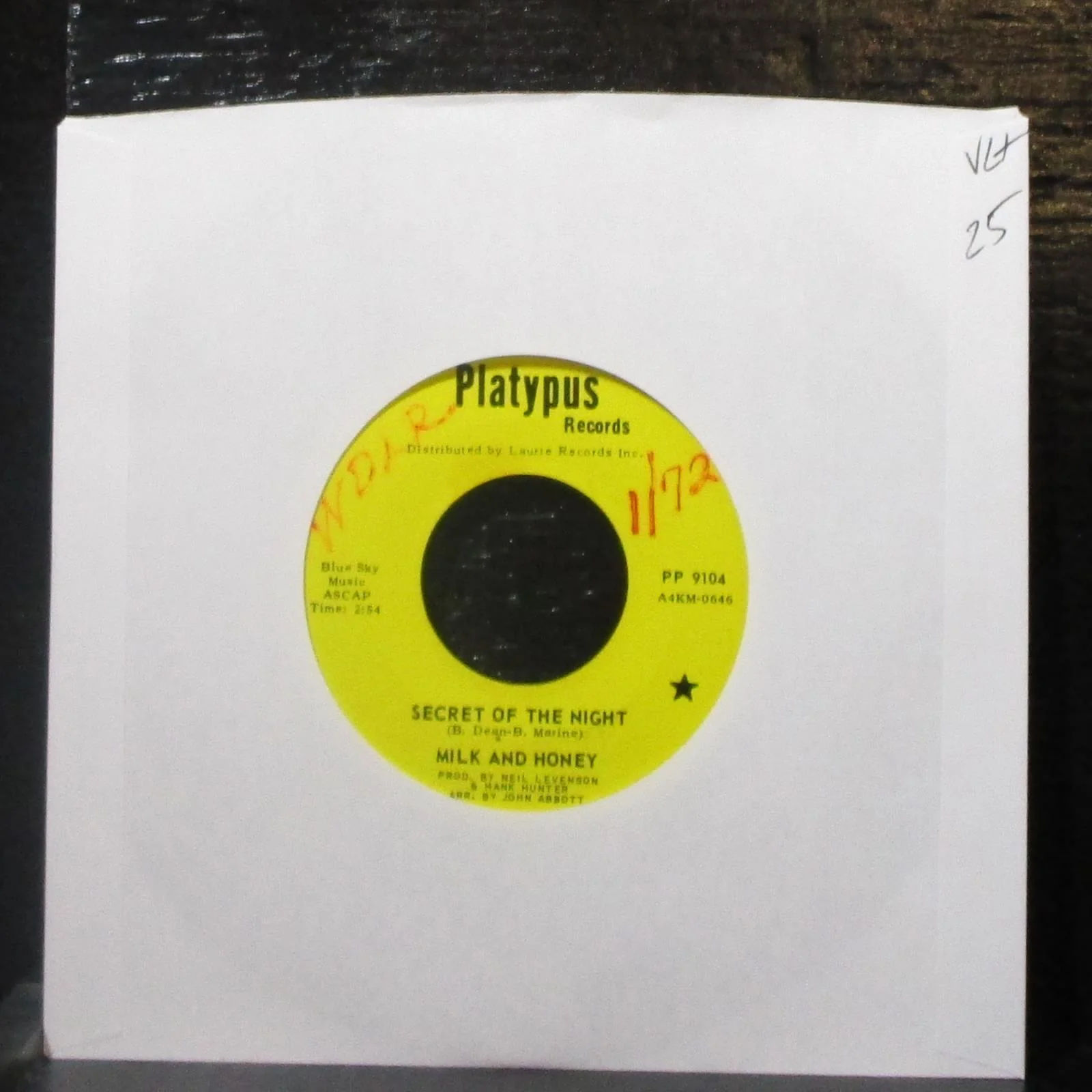 Milk And Honey - Secret Of The Night / Promises To Keep 7" VG+ Vinyl 45 Platypus