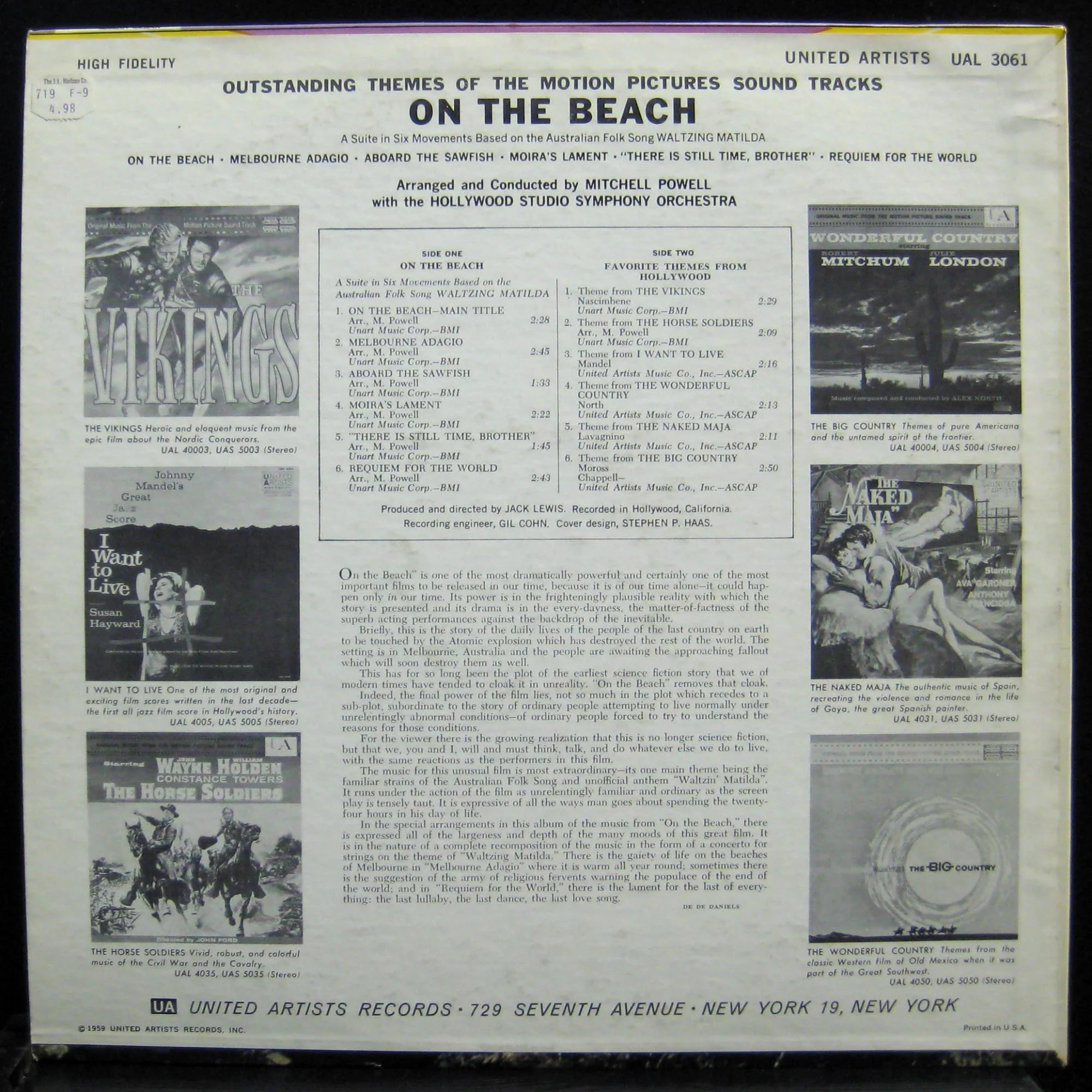Mitchell Powell - On The Beach - Mint- LP Record 1959 United Artists USA Vinyl - Theme / Soundtracks - Image 2