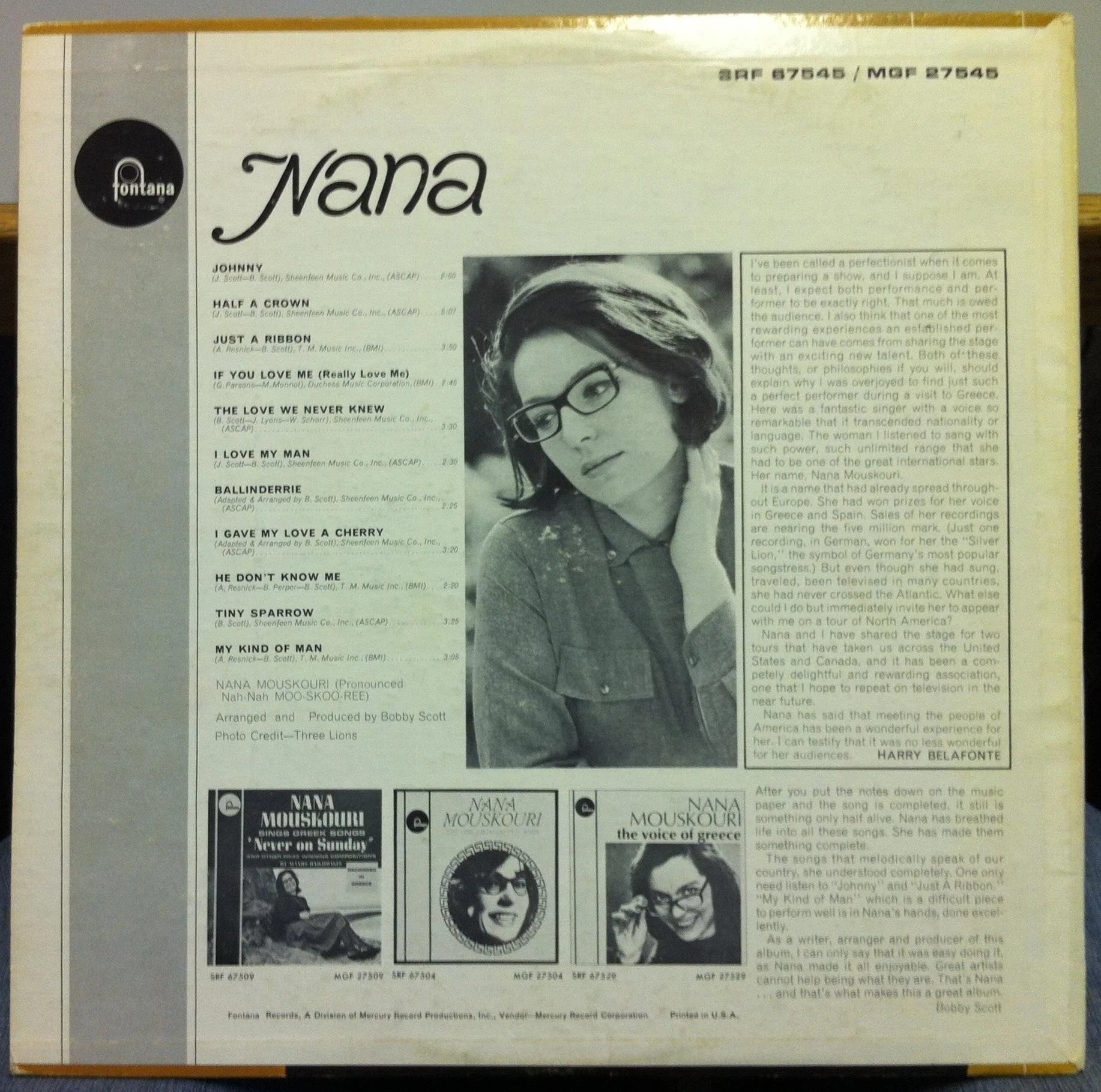 Nana Mouskouri - Nana LP VG MGF-27545 Fontana Mono 1965 USA Vinyl Record 1st - Image 2