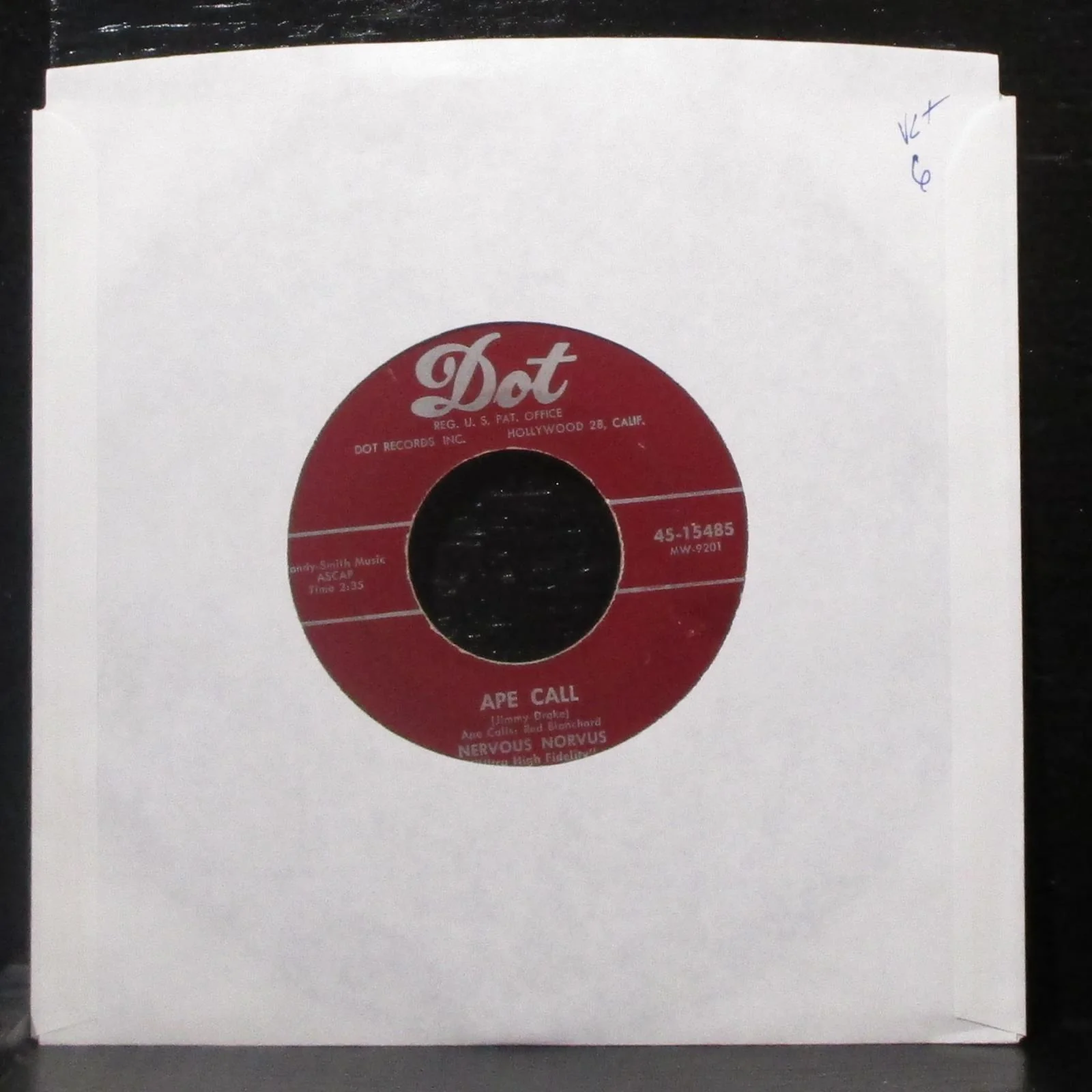 Nervous Norvus - Ape Call / Wild Dog Of Kentucky 7" VG+ Vinyl 45 Dot 45-15485