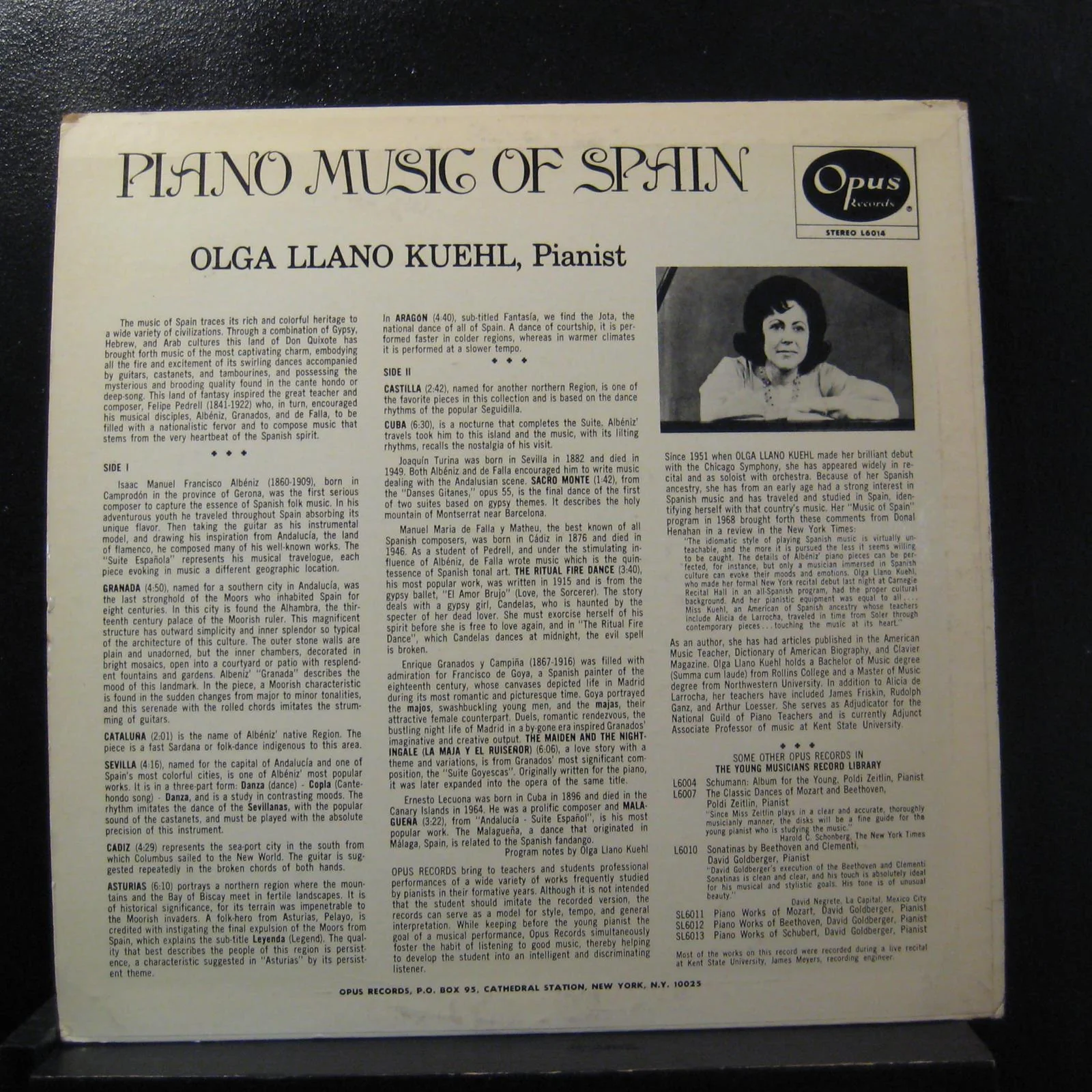Olga Llano Kuehl - Piano Music Of Spain LP VG+ SL 6014 Opus Stereo Vinyl Record - Image 2