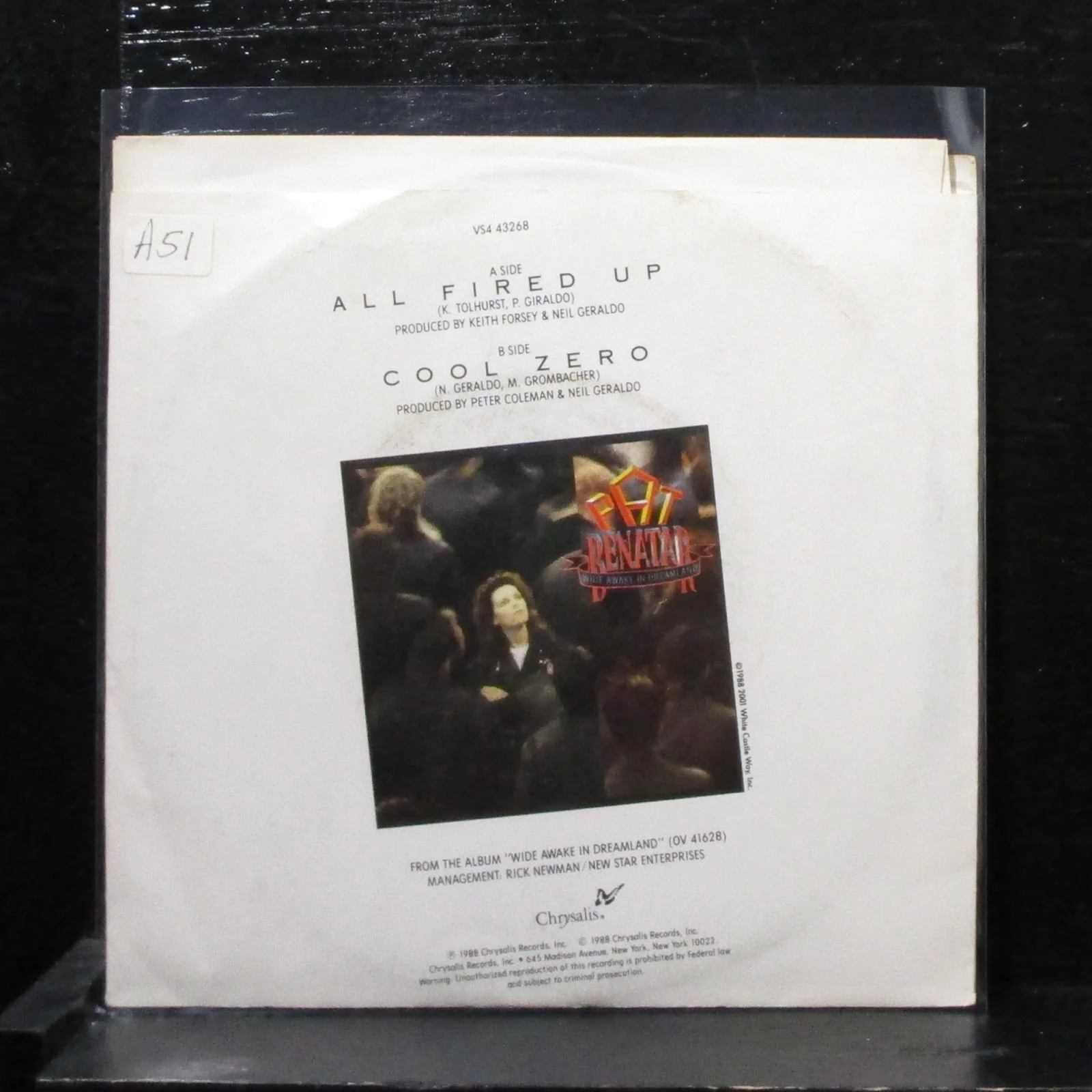 Pat Benatar - All Fired Up / Cool Zero 7" Mint- Vinyl Chrysalis 45 VS4 43268 USA - Image 2