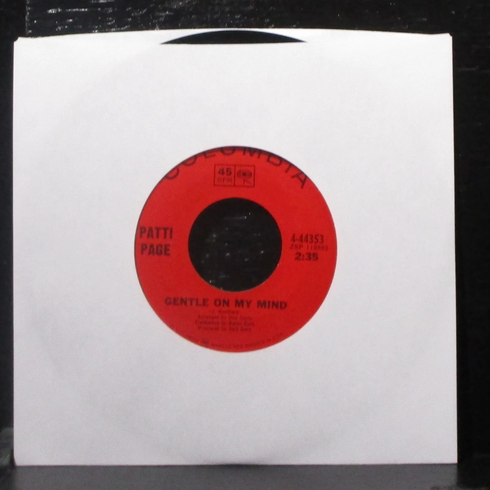 Patti Page - Gentle On My Mind / Excuse Me 7" VG+ Vinyl 45 Columbia 4-44353 USA - Image 2