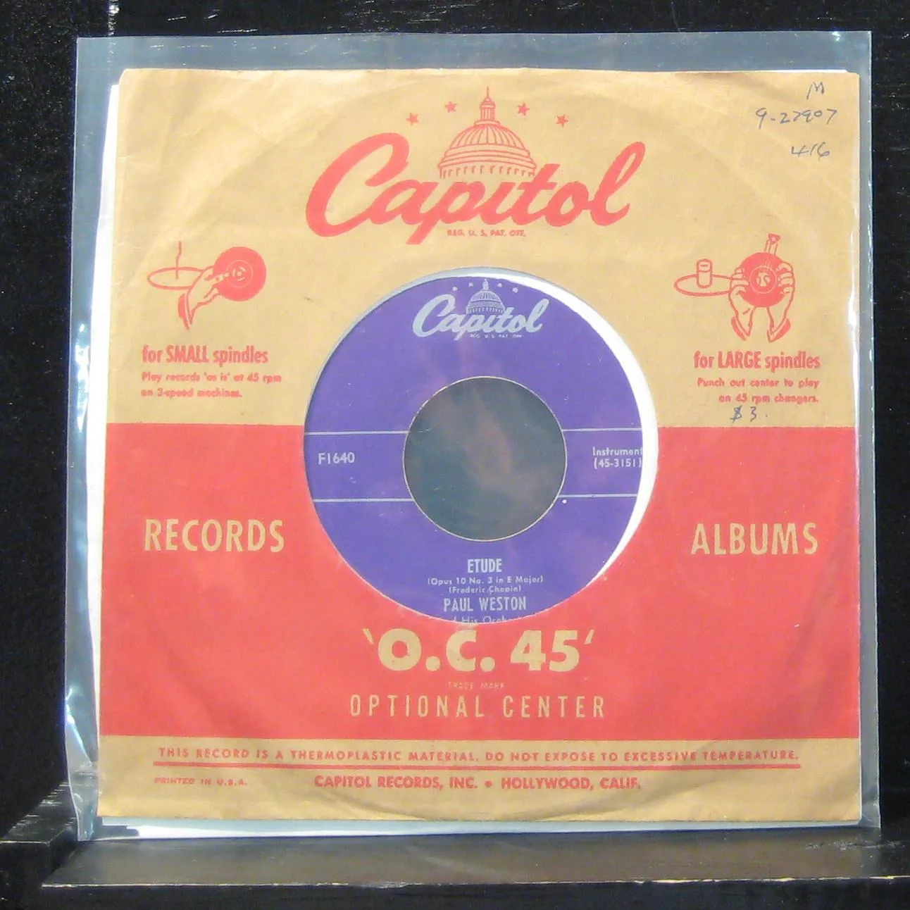 Paul Weston - Etude / Deep Purple 7" VG+ F1640 Vinyl 45 Capitol Records