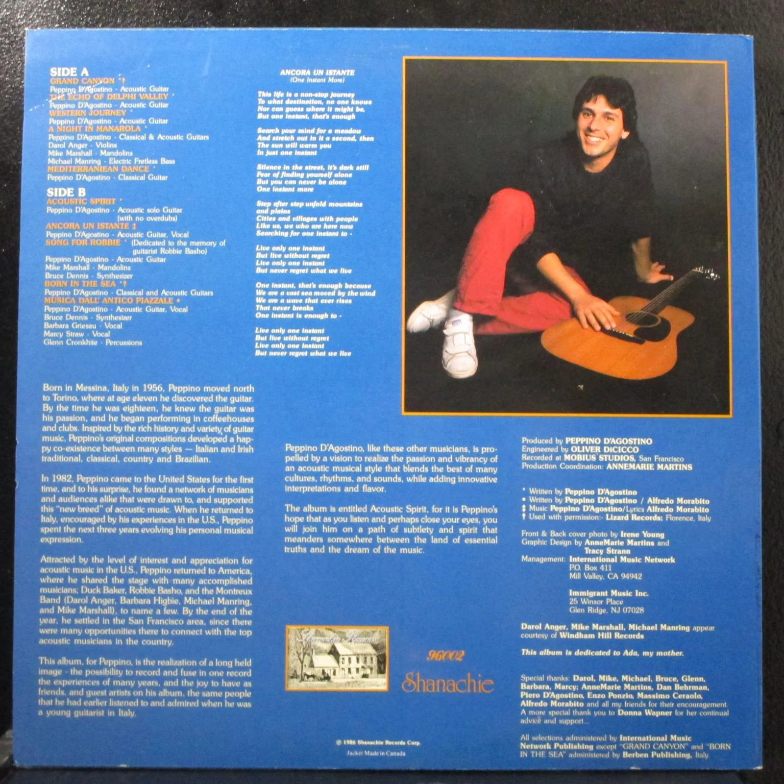 Peppino D'Agostino - Acoustic Spirit Mint- LP Shanachie 96002 USA 1986 - Image 2