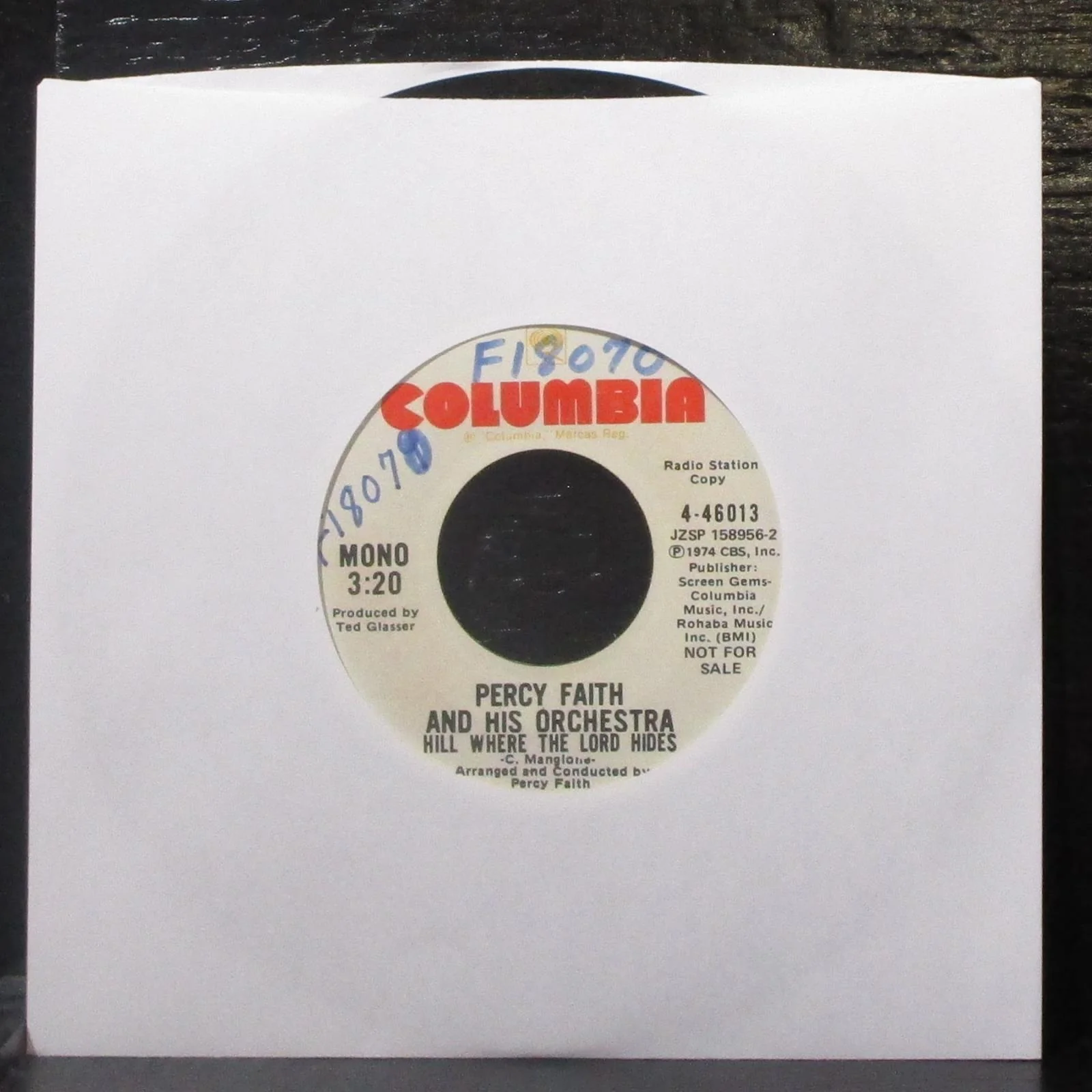 Percy Faith - Hill Where The Lord Hides 7" Mint- Promo Vinyl 45 Columbia 4-46013 - Image 2