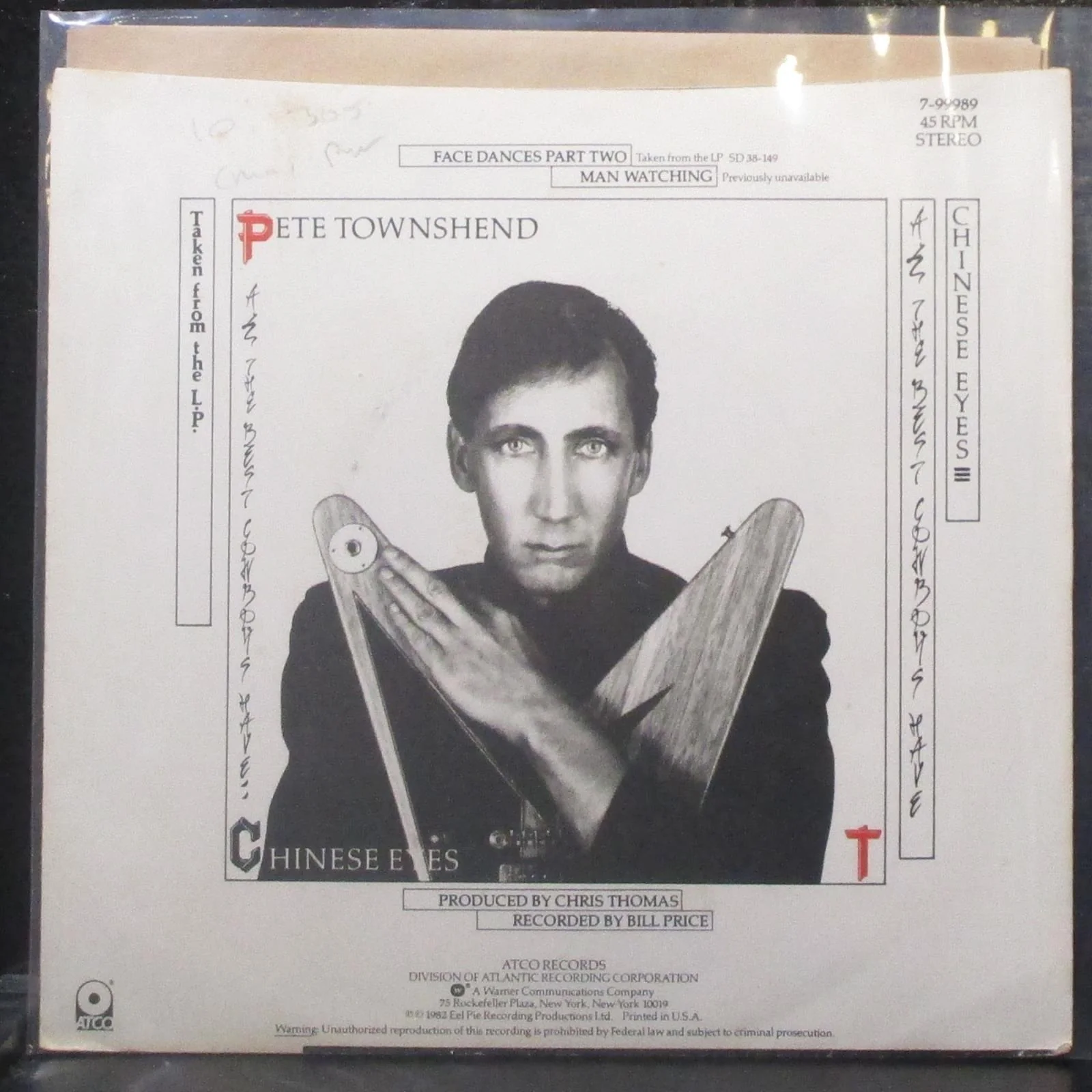 Pete Townshend - Free Dances Part Two / Man Watching 7" Mint- Vinyl 45 ATCO - Image 2