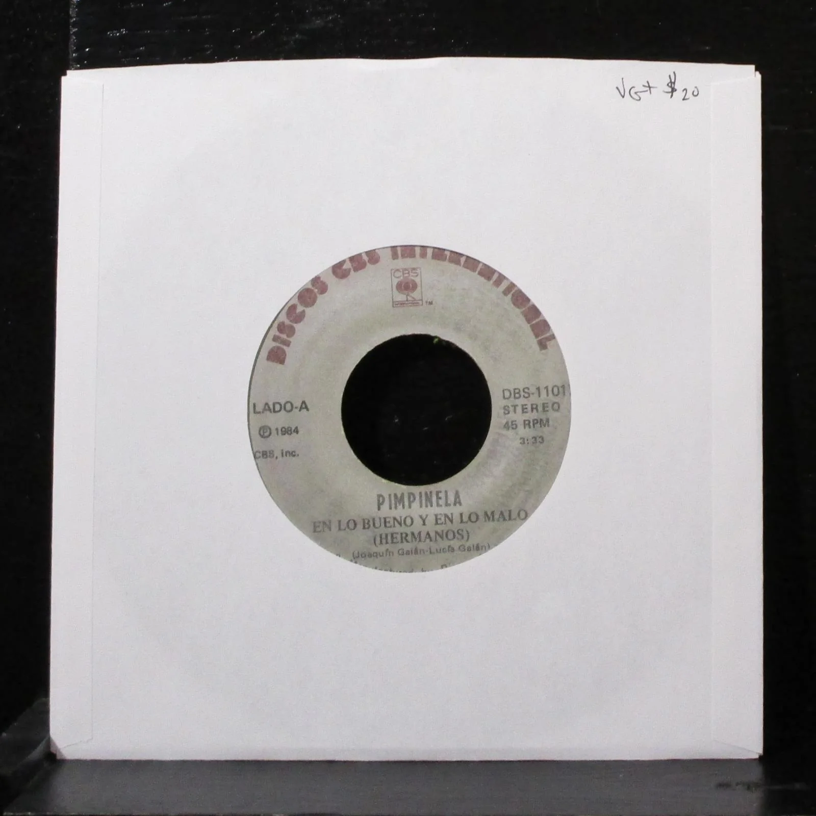 Pimpinela - En Lo Bueno Y En Lo Malo 7" VG+ Vinyl 45 DBS-1101 USA 1984
