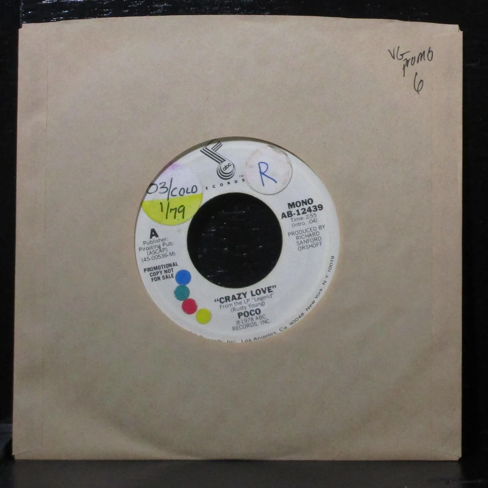 Poco - Crazy Love VG Promo 7" Vinyl 45 ABC Records AB-12439