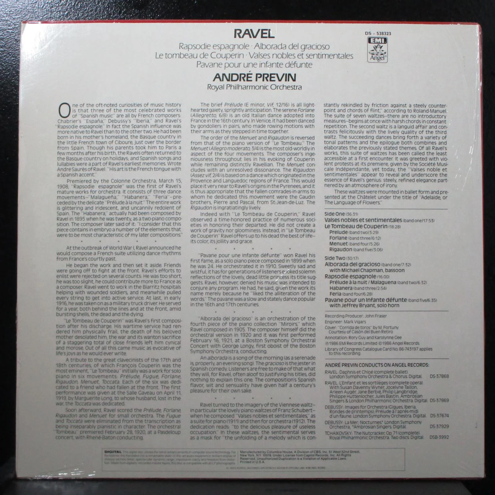 Previn - Ravel: Rapsodie Espanole new sealed LP Angel DS-538323 USA 1986 - Image 2