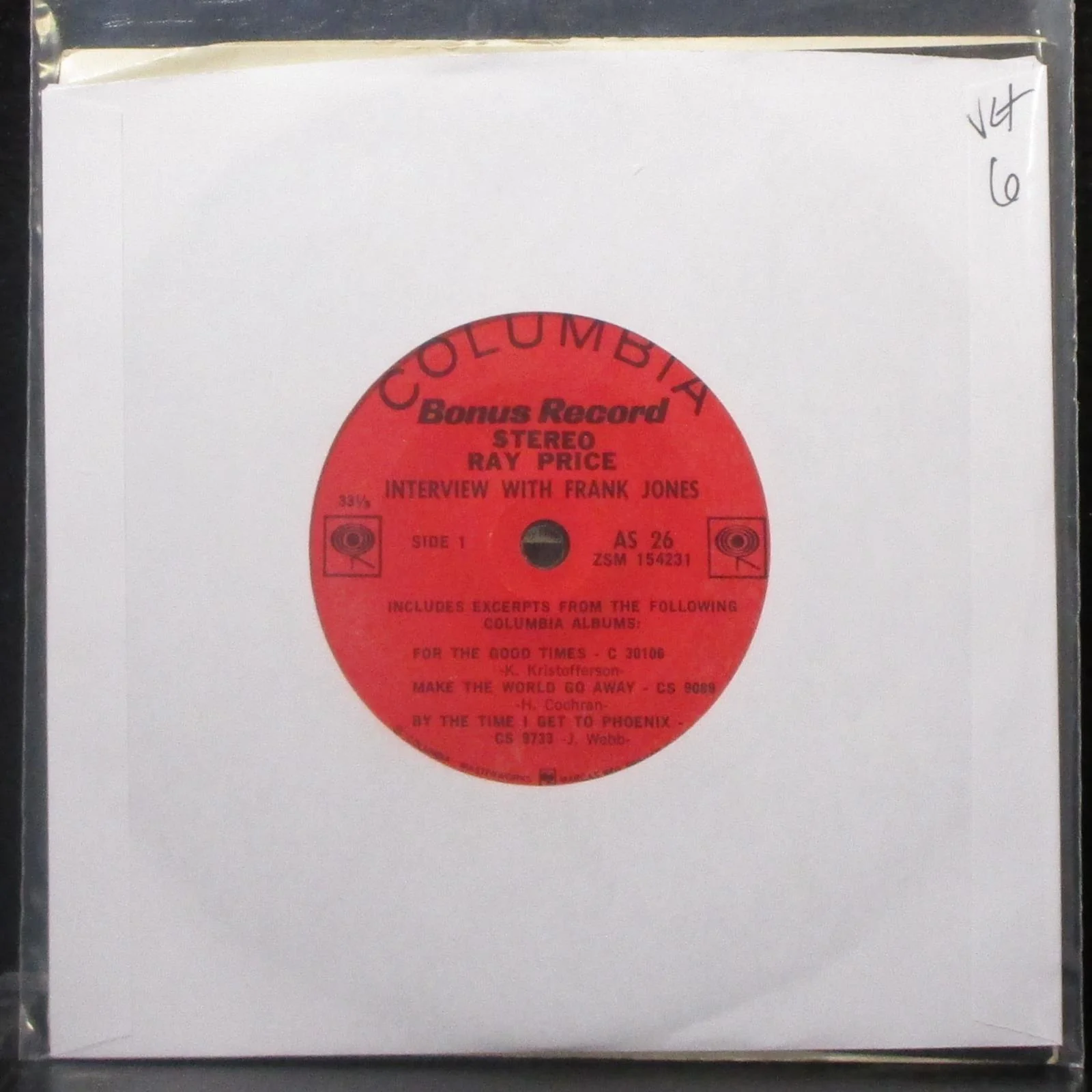 Ray Price - Interview With Frank Jones EP 7" VG+ Vinyl 45 Columbia AS 26 USA - Image 2