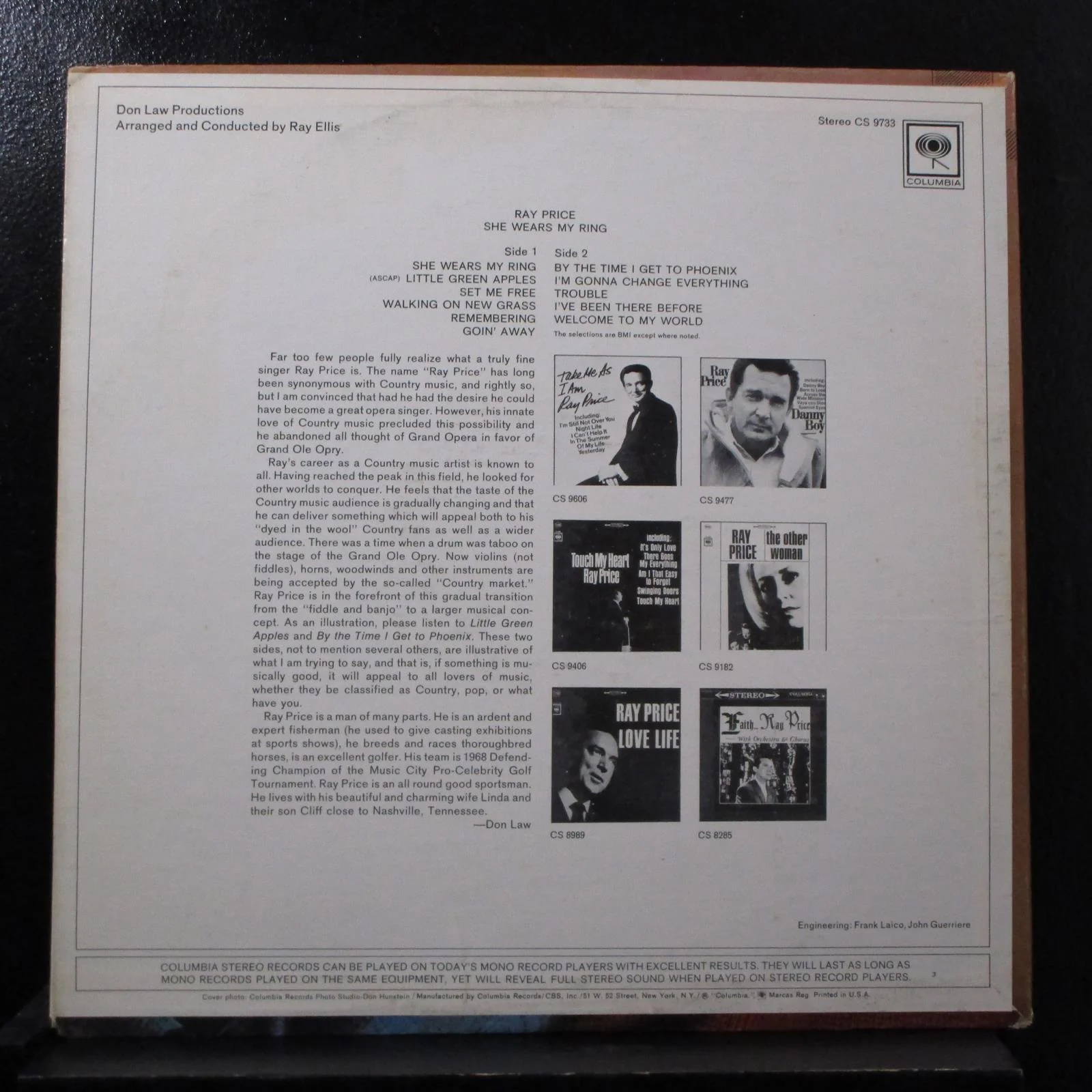 Ray Price - She Wears My Ring LP Mint- CS 9733 21 360 Sound 1st Vinyl Record - Image 2
