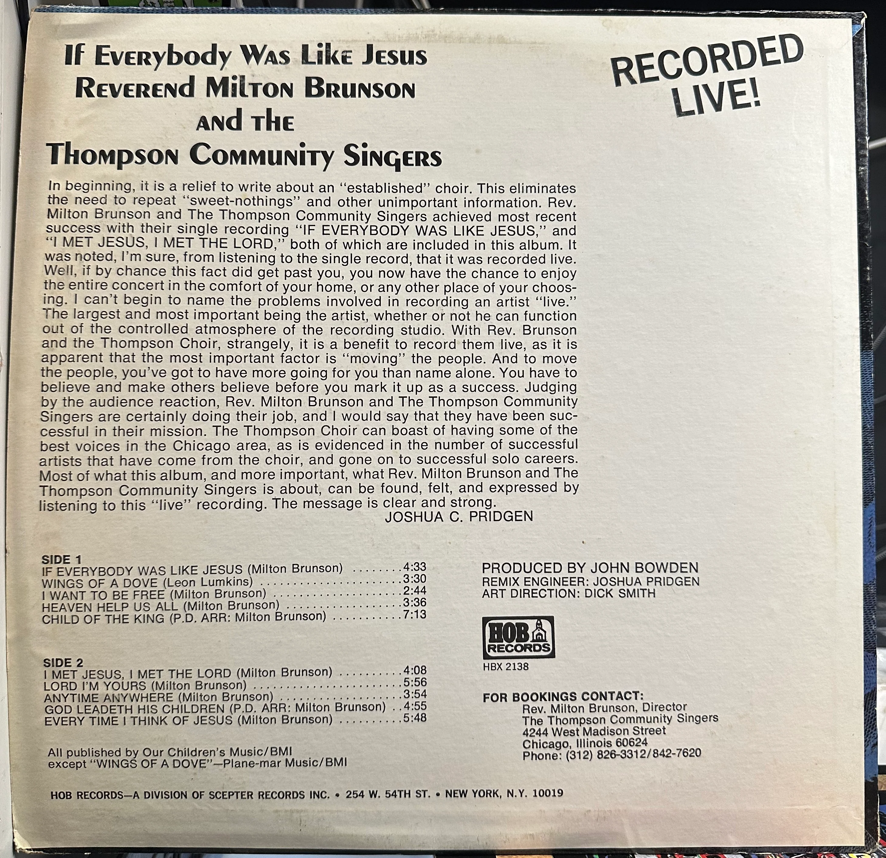 Reverend Milton Brunson - If Everybody Was Like Jesus - VG+ LP Record 1975 HOB USA Vinyl - Gospel / Soul - Image 2
