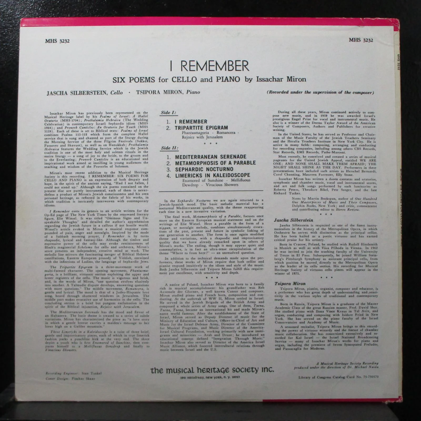 Silberstein - Miron: I Remember Mint- LP Musical Heritage Society MHS 3232 USA - Image 2