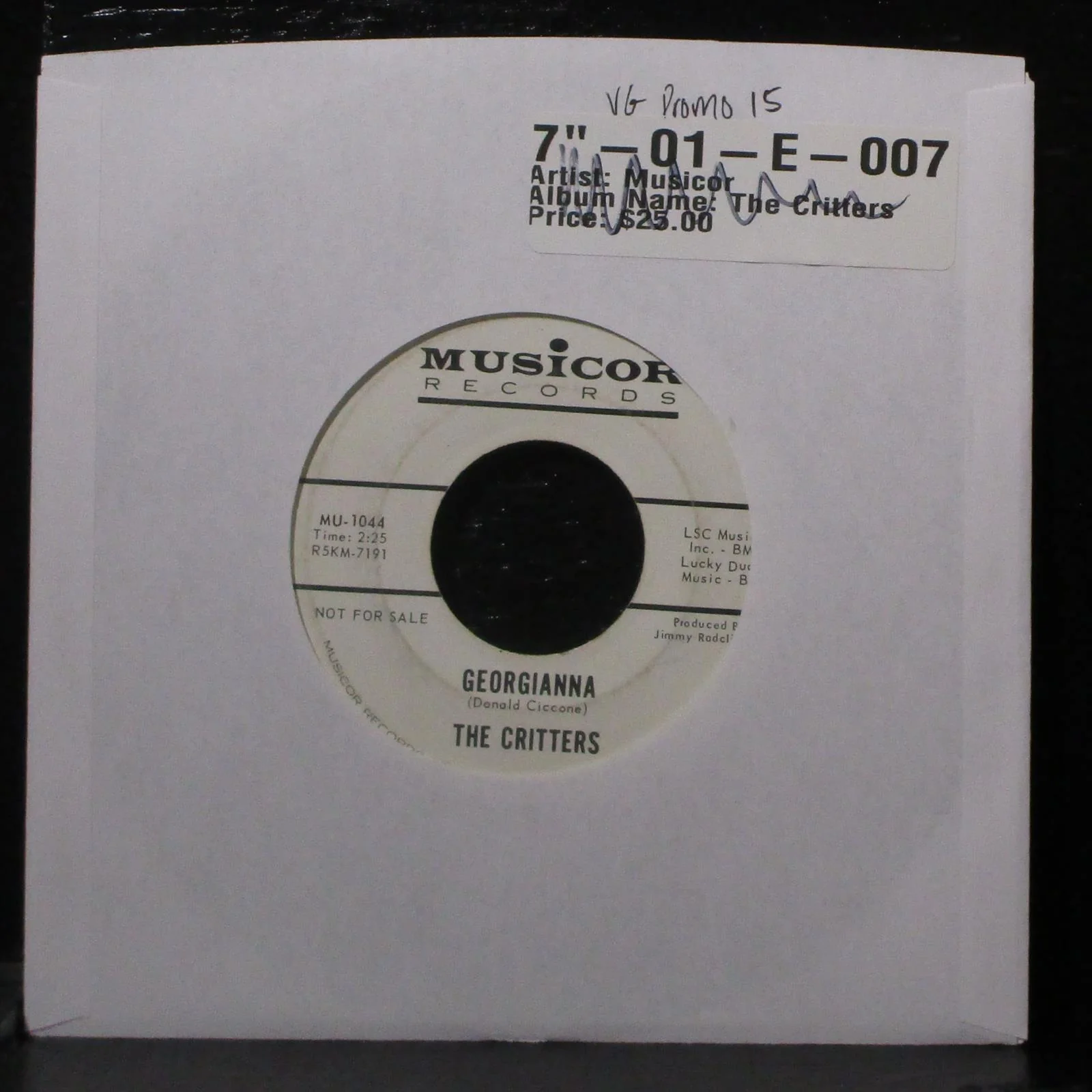The Critters - Georgianna / I'm Gonna Give VG Promo 7" Vinyl 45 Musicor MU-1044