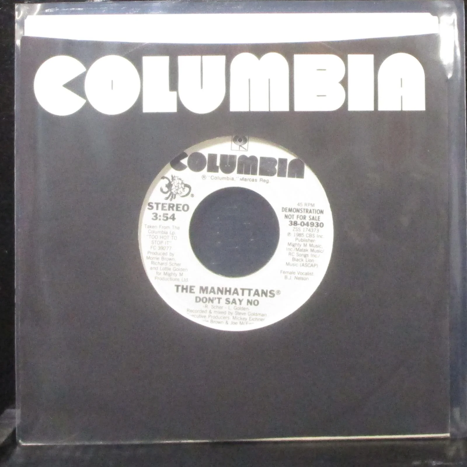 The Manhattans - Don't Say No 7" Mint- Promo Vinyl 45 Columbia 38-04930 USA 1985 - Image 2