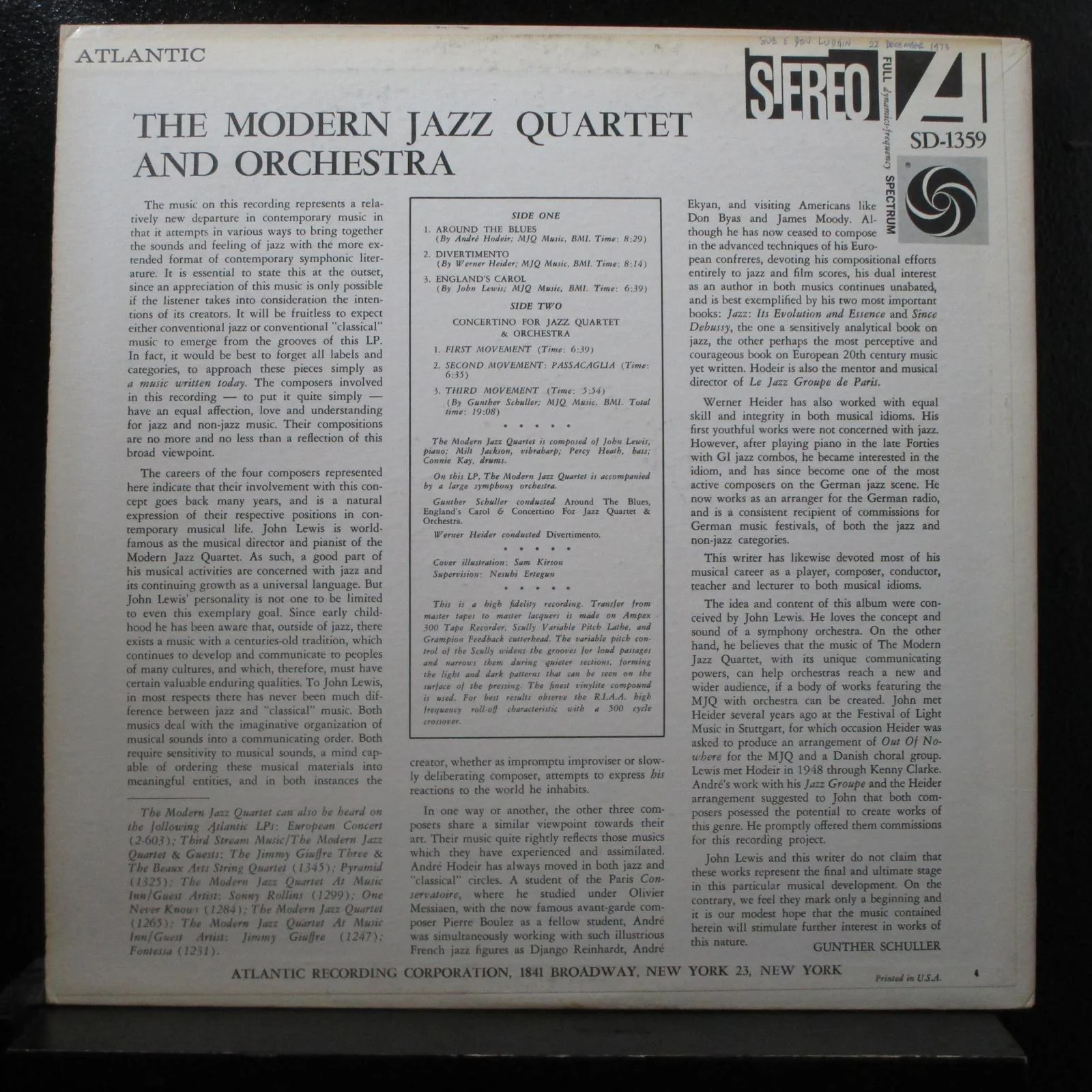 The Modern Jazz Quartet & Orchestra LP Mint- SD 1359 Blue / Green Label Record - Image 2