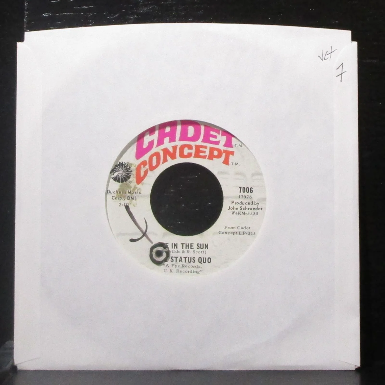 The Status Quo - Ice In The Sun / When My Mind Is Not Live 7" VG+ Vinyl 45 Cadet