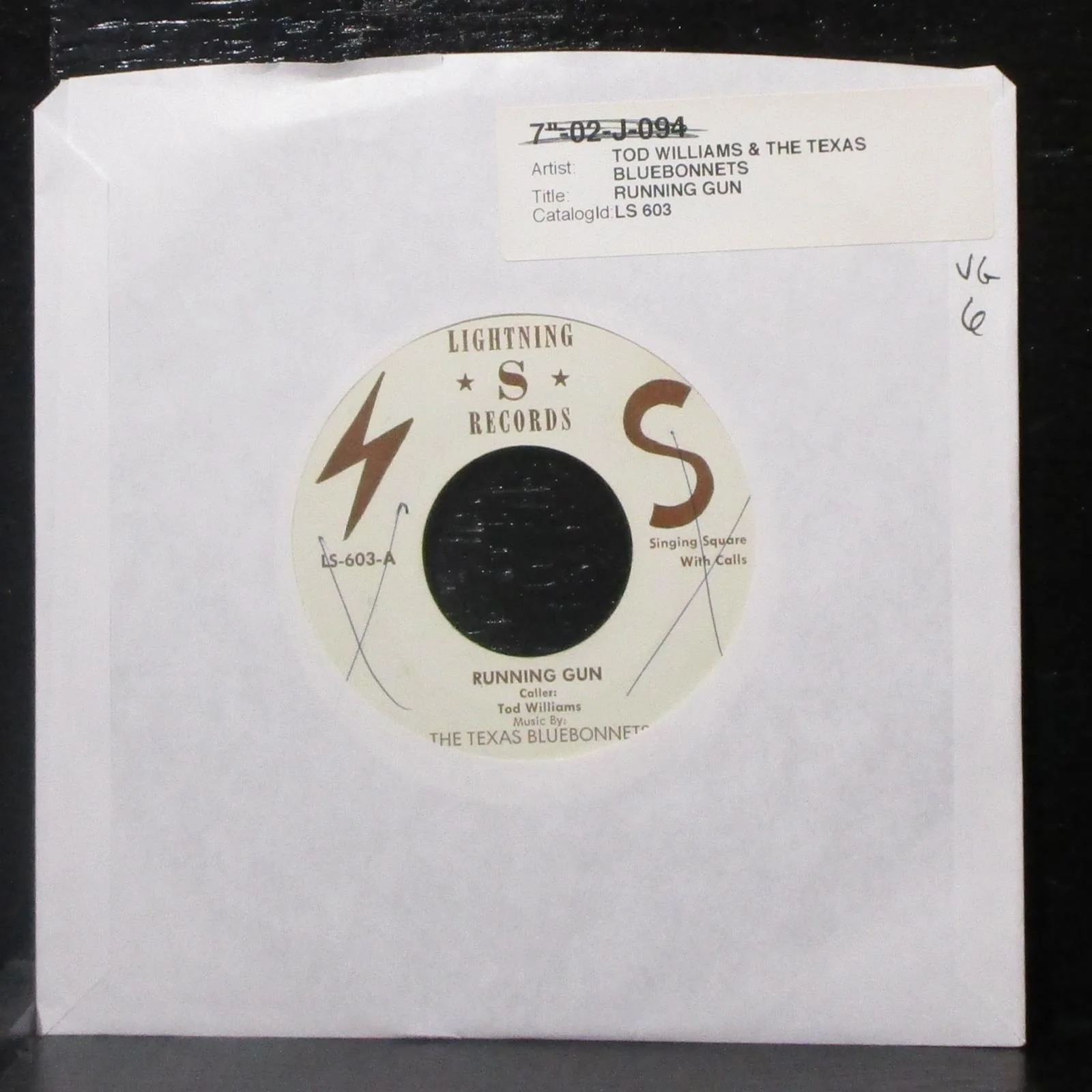 Tod Williams & Texas Bluebonnets - Running Gun 7" VG Vinyl 45 Lightning LS-603