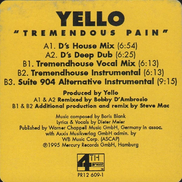 Yello - Tremendous Pain - Mint- 12" Single Record 1995 USA 4th & Broadway Promo Yellow Transparent Vinyl & Insert - Synth-pop / Electro - Image 3